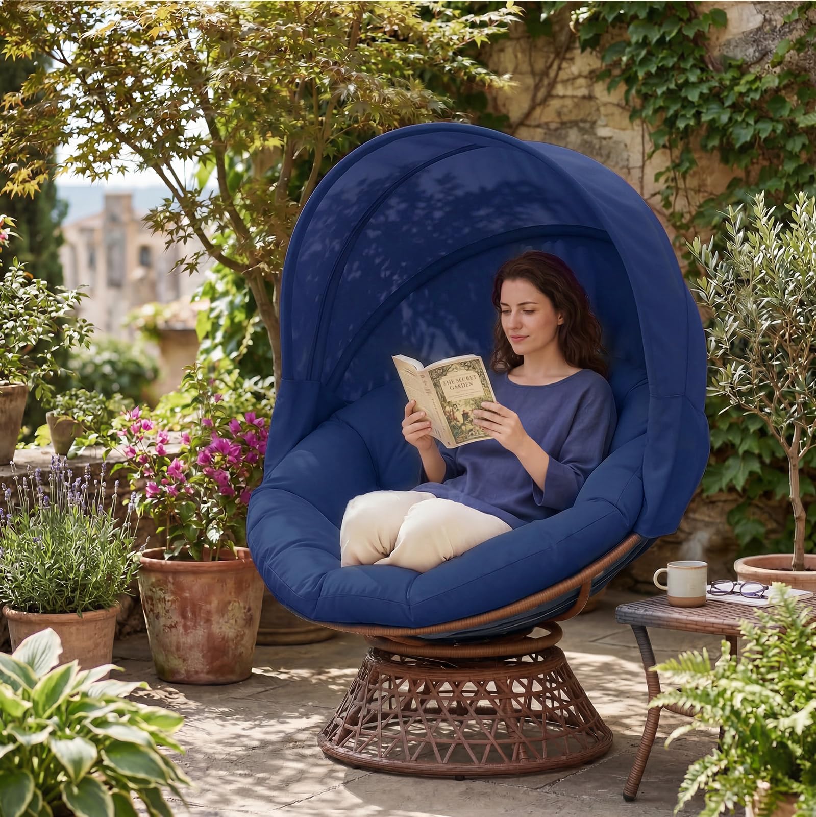 COMHOMA Poltrona da papasan, comoda poltrona girevole con cuscino rotondo, comoda poltrona in rattan, girevole, in vimini, per soggiorno, angolo lettura, lounge – blu