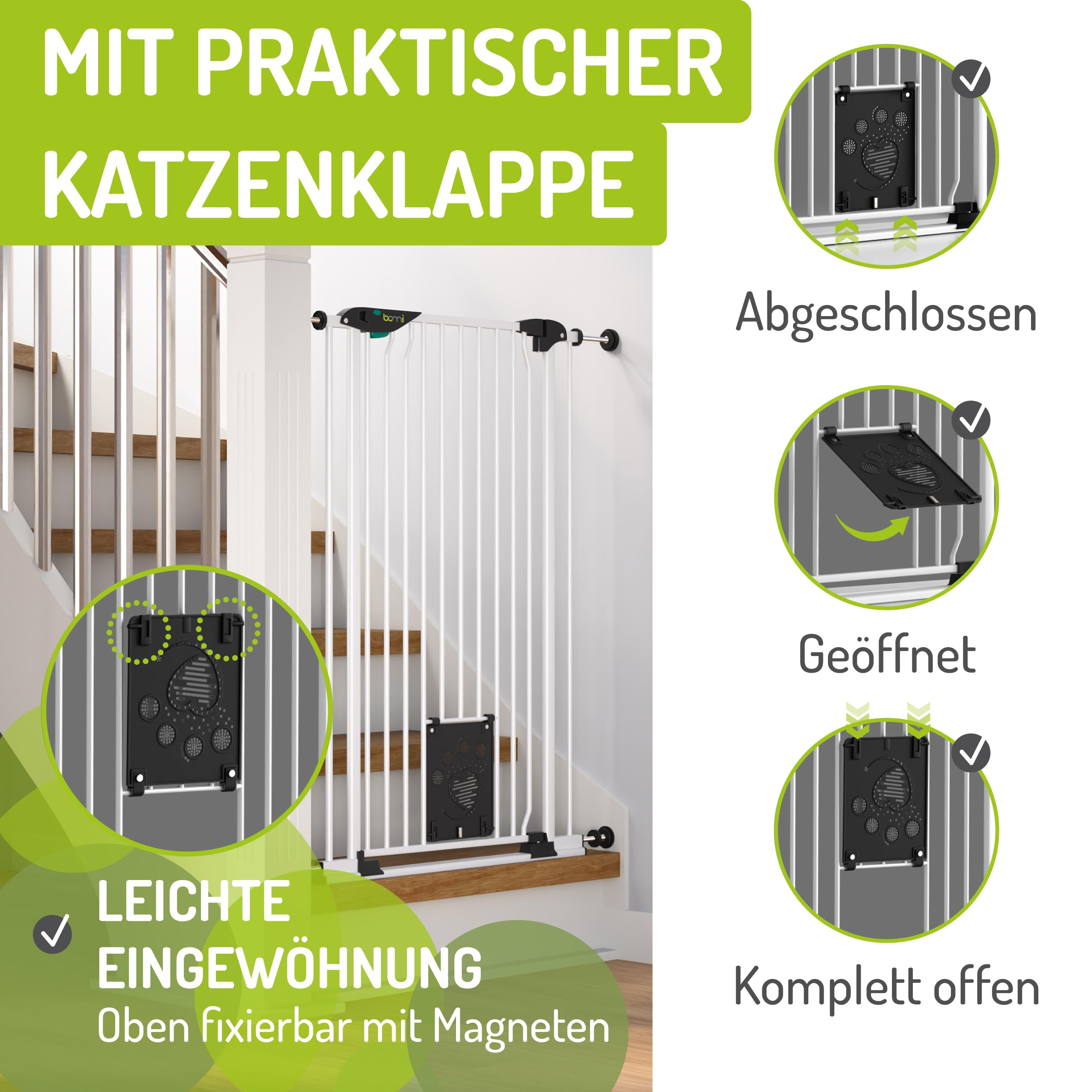 BOMI Tierschutzgitter Mira | Türschutzgitter mit Katzenklappe | Ideales Absperrgitter Hund, Katzengitter Tür & Welpen Zubehör | Hundegitter Wohnung weiß Metall | Breite: 83-93 cm