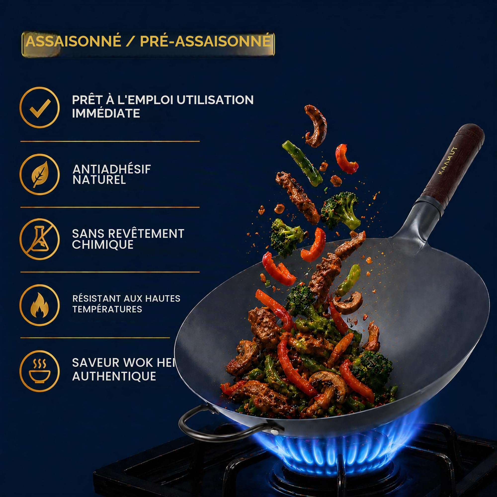 Wok Professionnel 36 cm – Acier Carbone Bleu Martelé à la Main – Fond Rond – Préculotté – Qualité Professionnelle – Manche en Bois & Acier – Brosse en Bambou Incluse