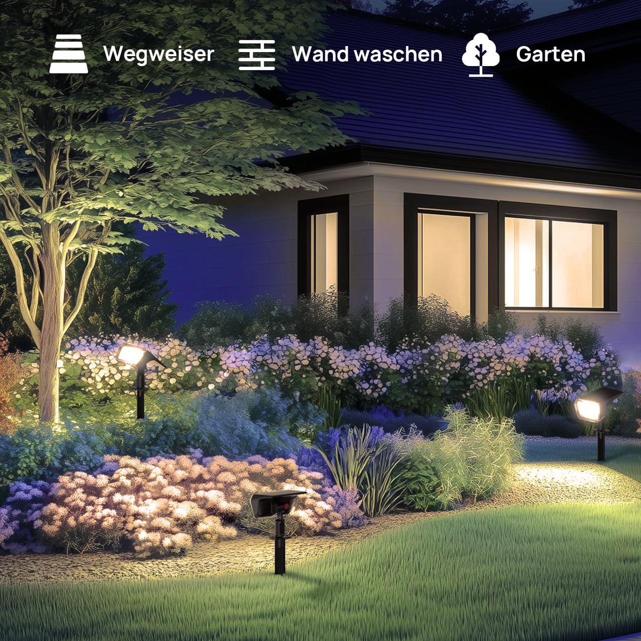 Linkind 60-Led Solarlampen für außen 800Lm, Ultra-lange Leuchtdauer, Warmweiß Solar Gartenbeleuchtung mit intelligentem Entladealgorithmus, IP67 Solar Spots für Einfahrt, Vorgarten, 6 Stück