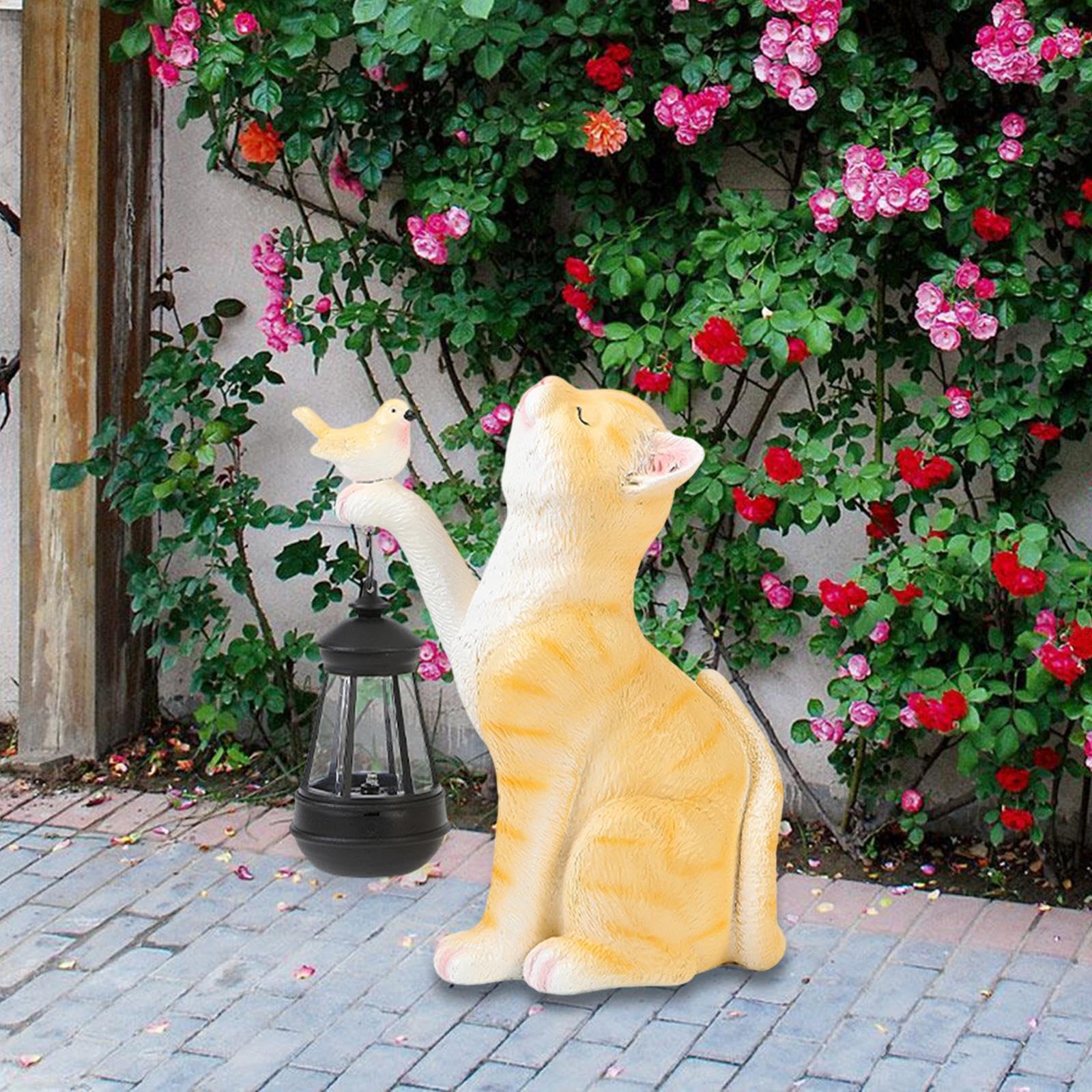 Statue Chat Solaire Avec Bain D'Oiseaux - Sculpture Résine Lumineuse Pour Jardin Gris