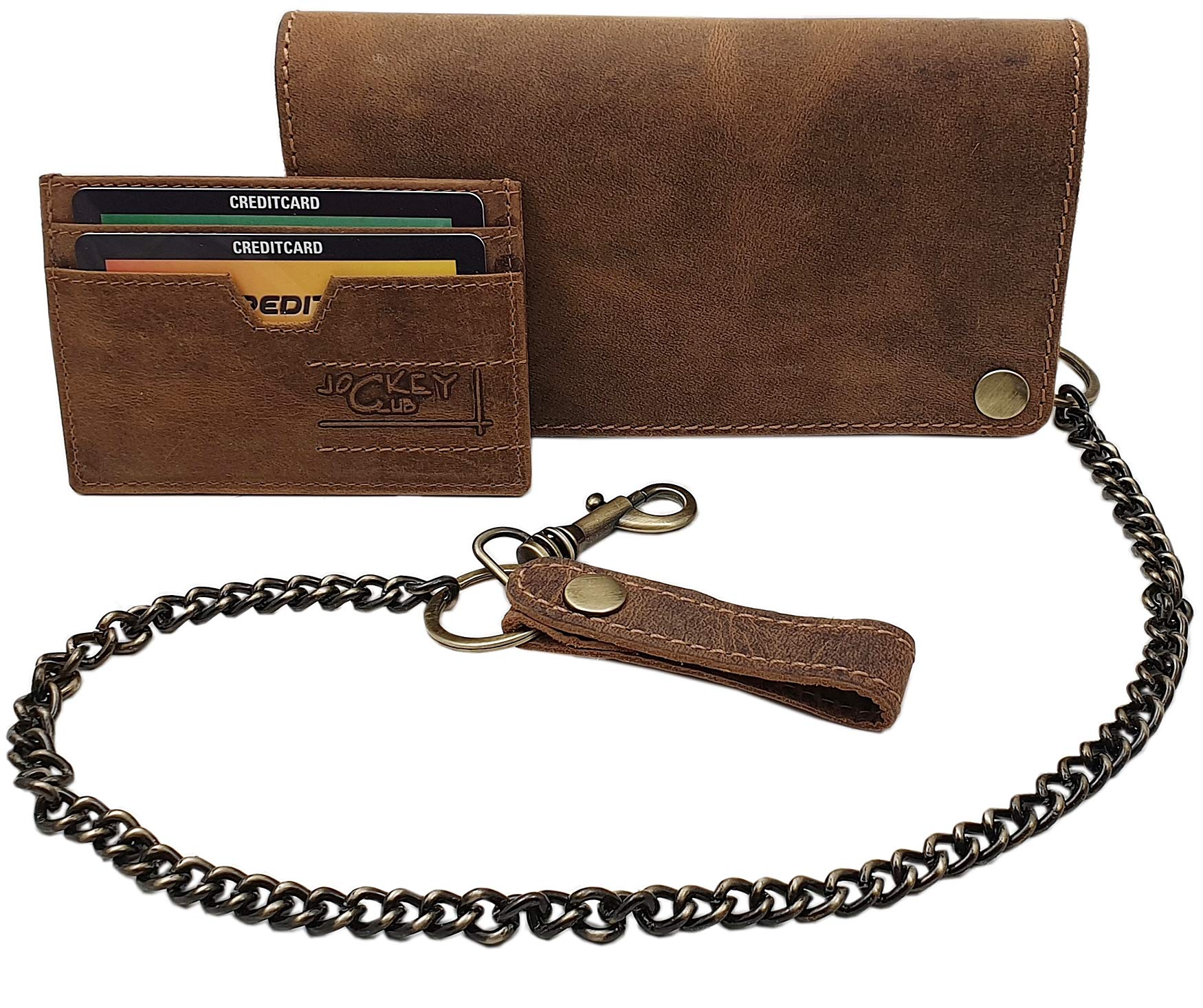 myledershop Cuero de búfalo Motero Cartera con Cadena metálica y Desmontable Tarjetero con Bloqueo RFID y NFC (Marrón)