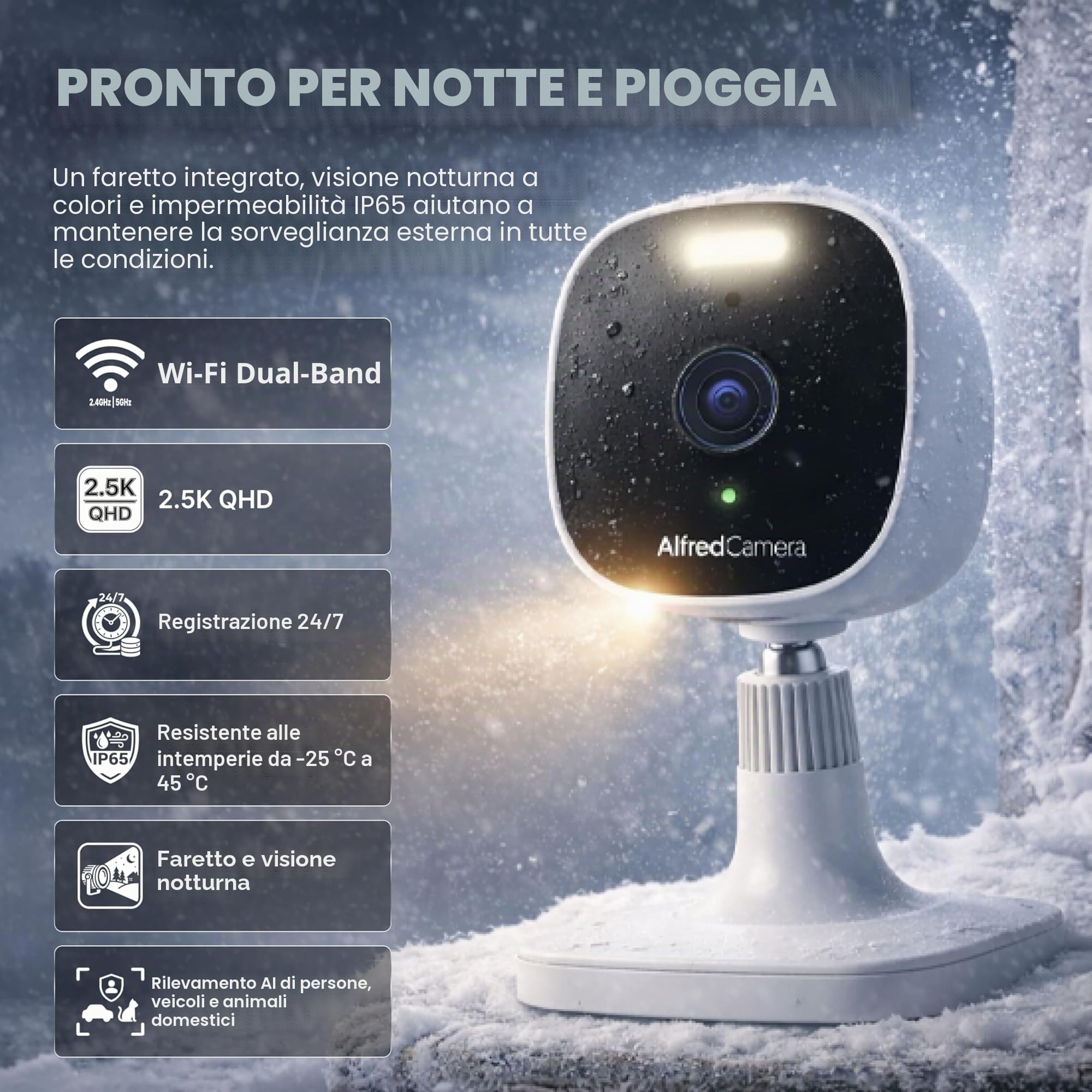 AlfredCam Plus 2 Telecamera di Sicurezza Esterna 2.5K con Faretto LED, Visione Notturna a Colori, Audio Bidirezionale, Resistente alle Intemperie IP65, Registrazione 24/7 con Scheda di Memoria da 64GB