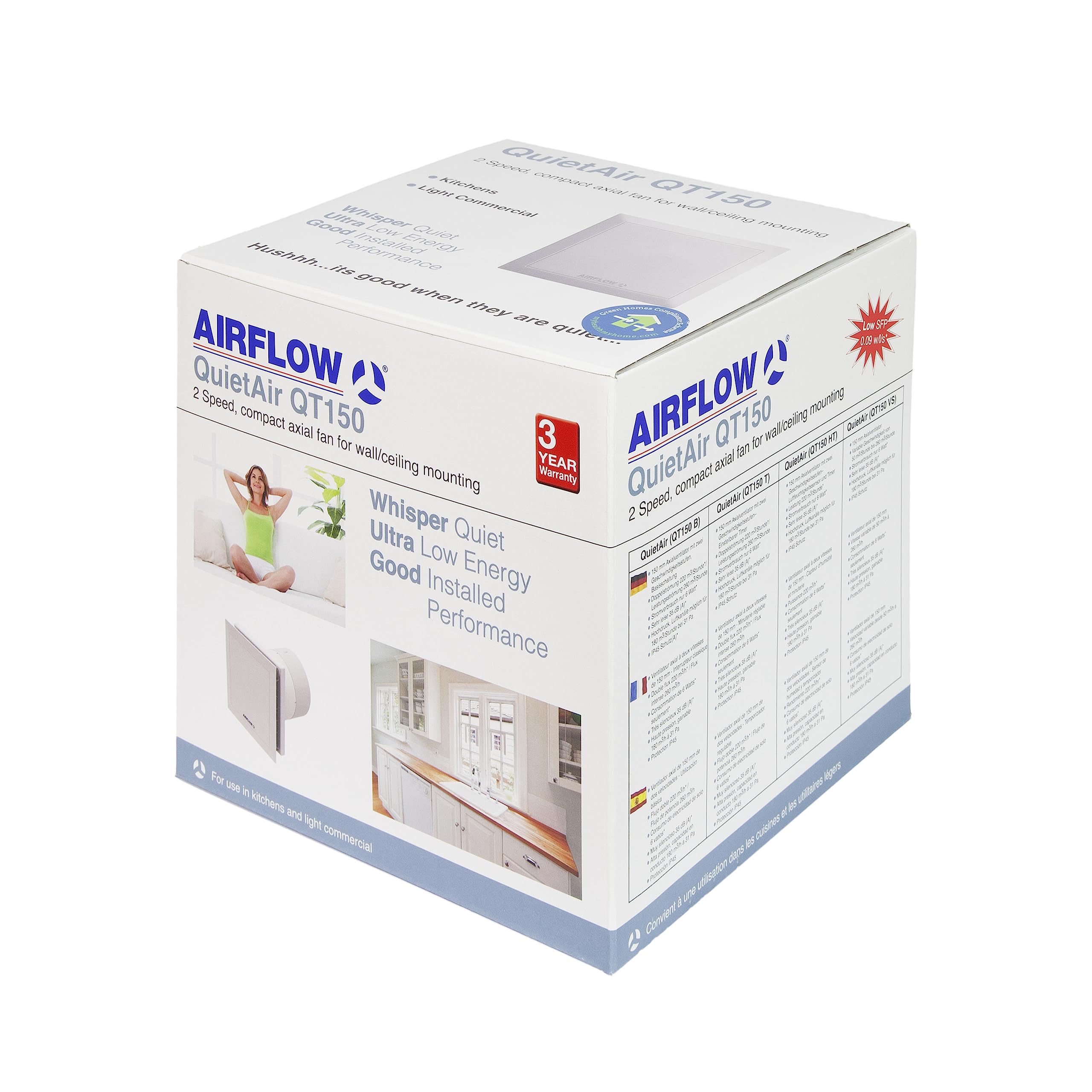 Airflow Quietair 90000456 parete estrattore ventola silenziosa, 10 W, 230 V, bianco, 150 mm