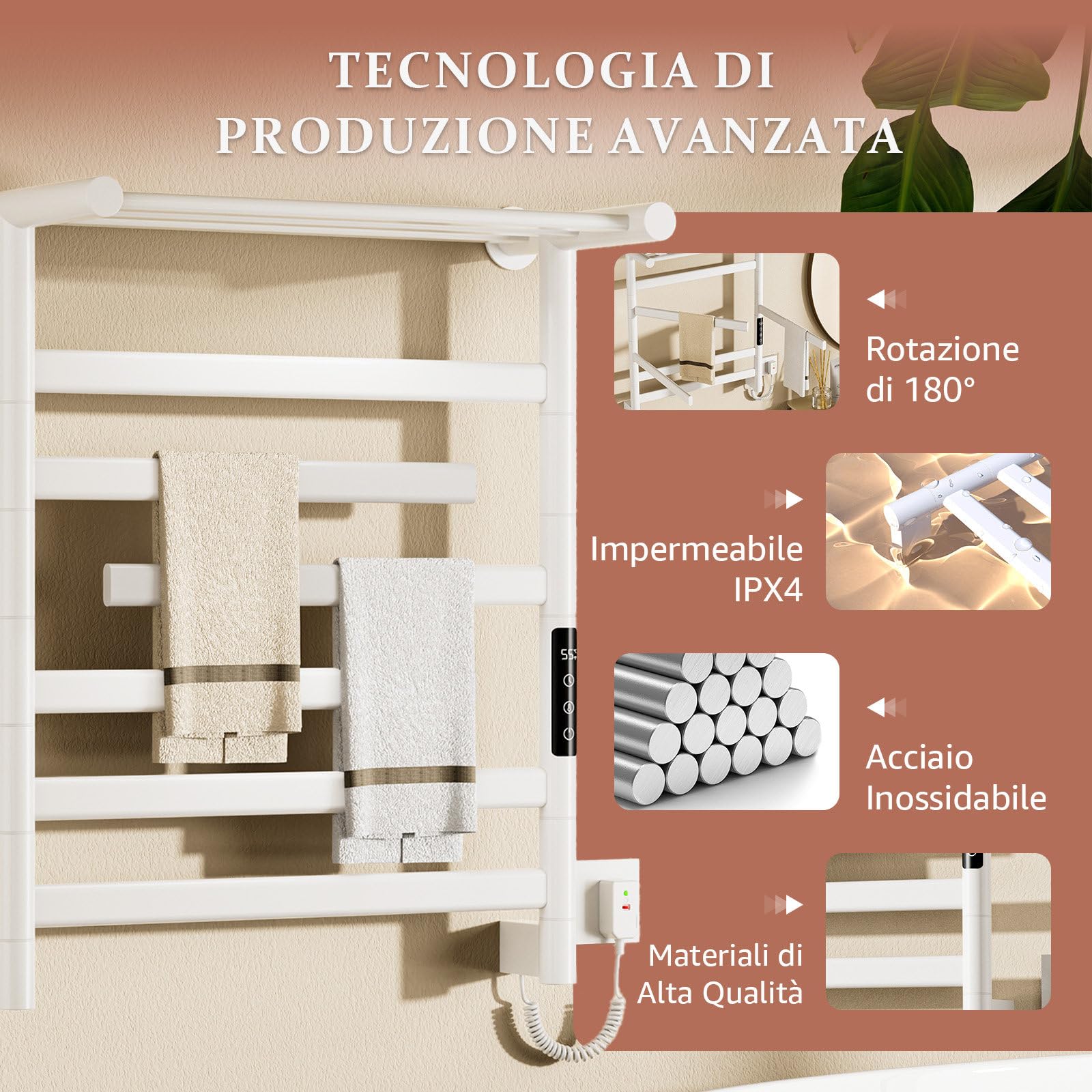 Scaldasalviette Elettrico Bagno Bianco, Portasciugamani Elettrico con Barre Girevoli 180°, 66x55cm 350W Scaldasalviette Elettrico con Ripiano, Temperatura Regolabile 30-70℃, Temporizzazione 0-9 ore