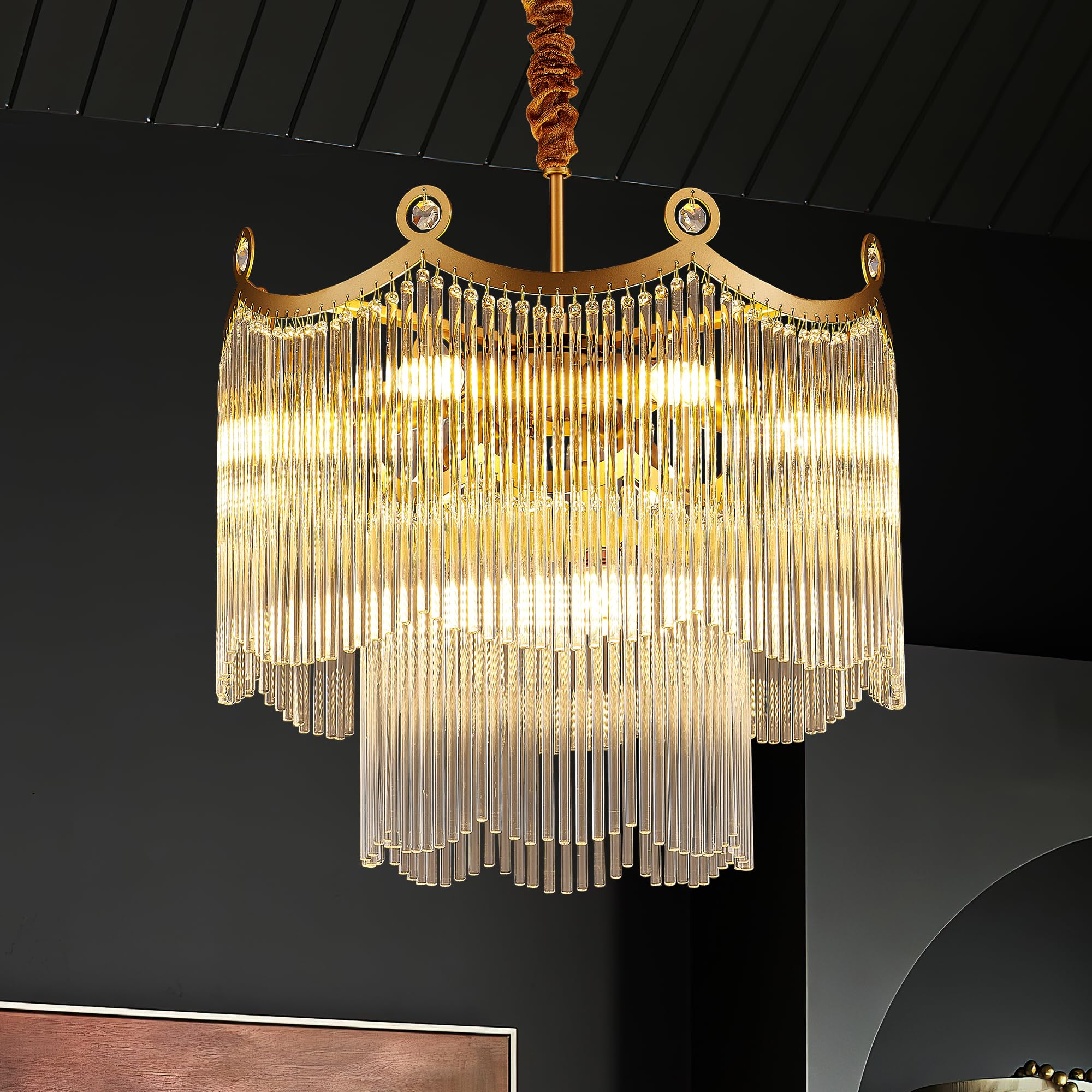 Photo 1 of brfaixla 17.9" Modern Glass Gold Chandelier Light Fixture Luxury Glam 2-Tier Crystal Chandeliers for Dining Room 8-Light Round Hanging Ceiling Pendant Lighting for Living Room Kitchen Bedroom Foyer