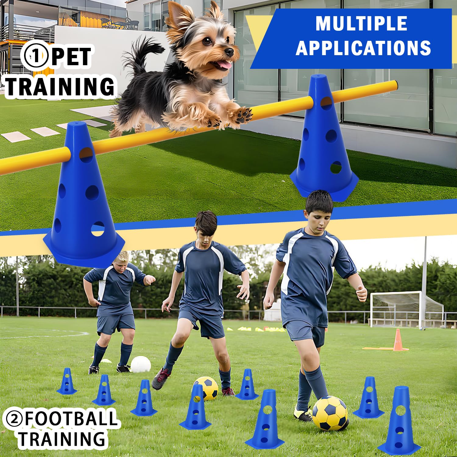 5er Sports Steckhürdenset Cavaletti Agility Set Hunde Hürden Steckhürdenset 10 Kegel 23cm + 5 Stangen 80cm Agility Koordinationstraining Set für Kinder Hunde Teamsport Fussball