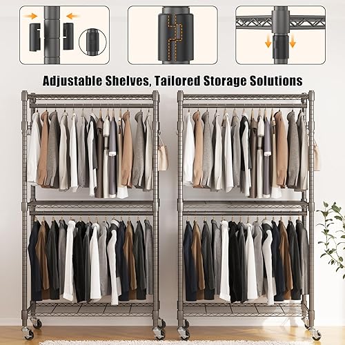 Vista 34 de Perchero de ropa resistente, perchero ajustable con estantes, armario independiente, 1 barra para colgar ropa, 3 estantes de alambre cansados, 4