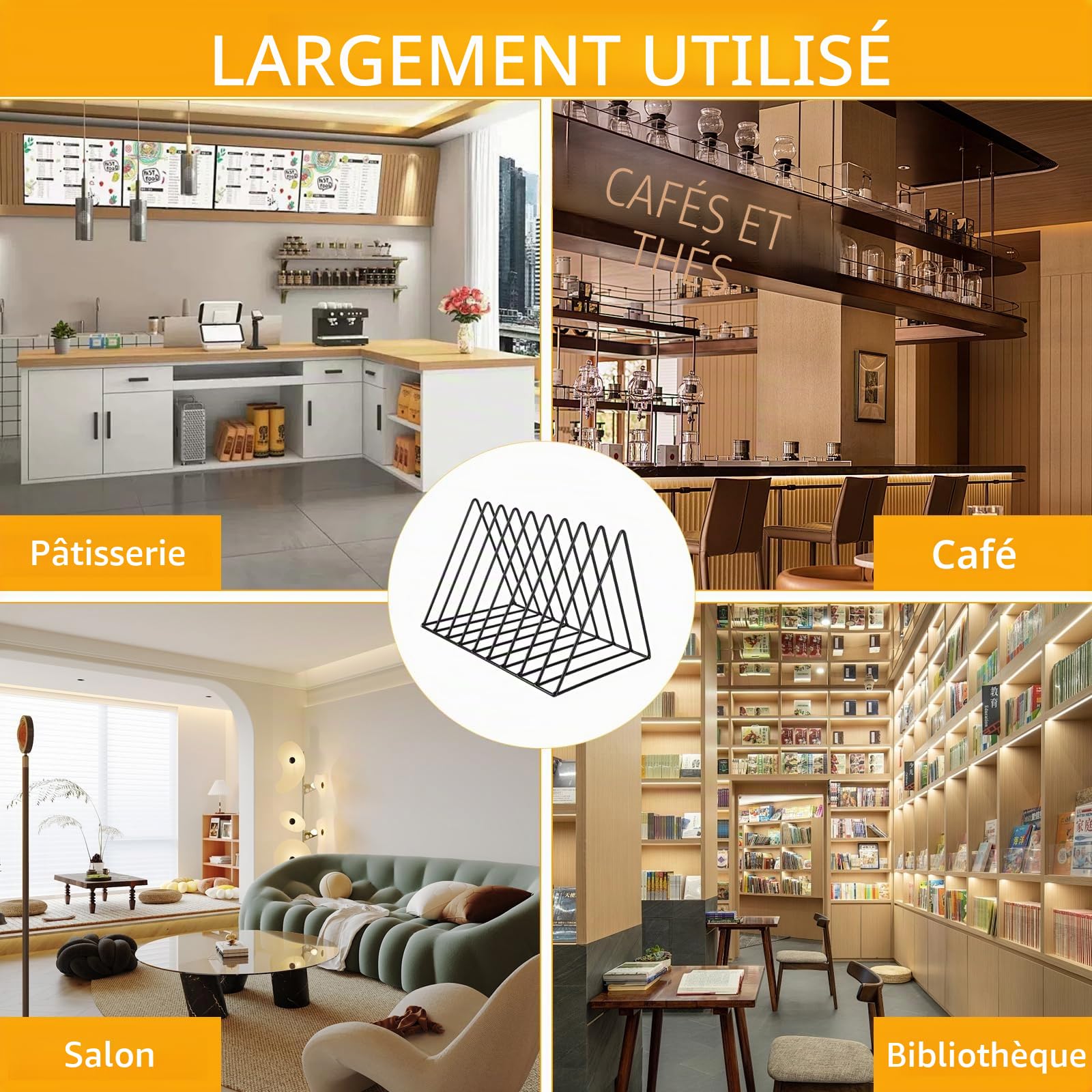 Lot de 4 Rangement/Étagère vinyle Porte-magazines, Noirs, en métal, 9 emplacements, triangulaire, Support à disques Magazines Livres | Déco