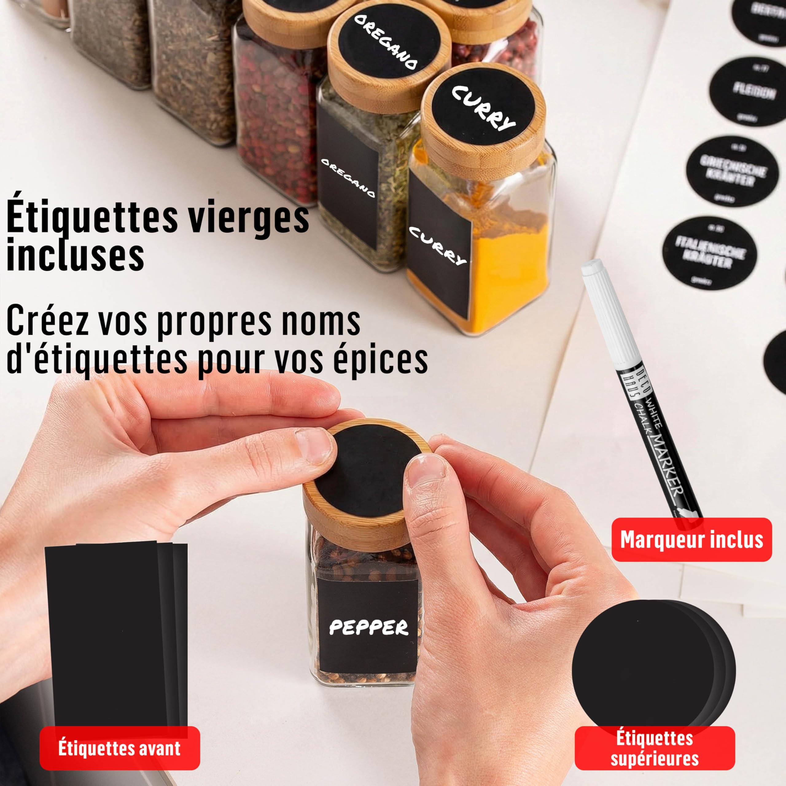 Deco haus® Etagere a Epices Murale Sans Percer avec 24 Pot à Épices en Verre - Porte-épices Murale 4 Pièces - Étagère de Rangement de Cuisine pour Épices - etagere epices cuisine murale