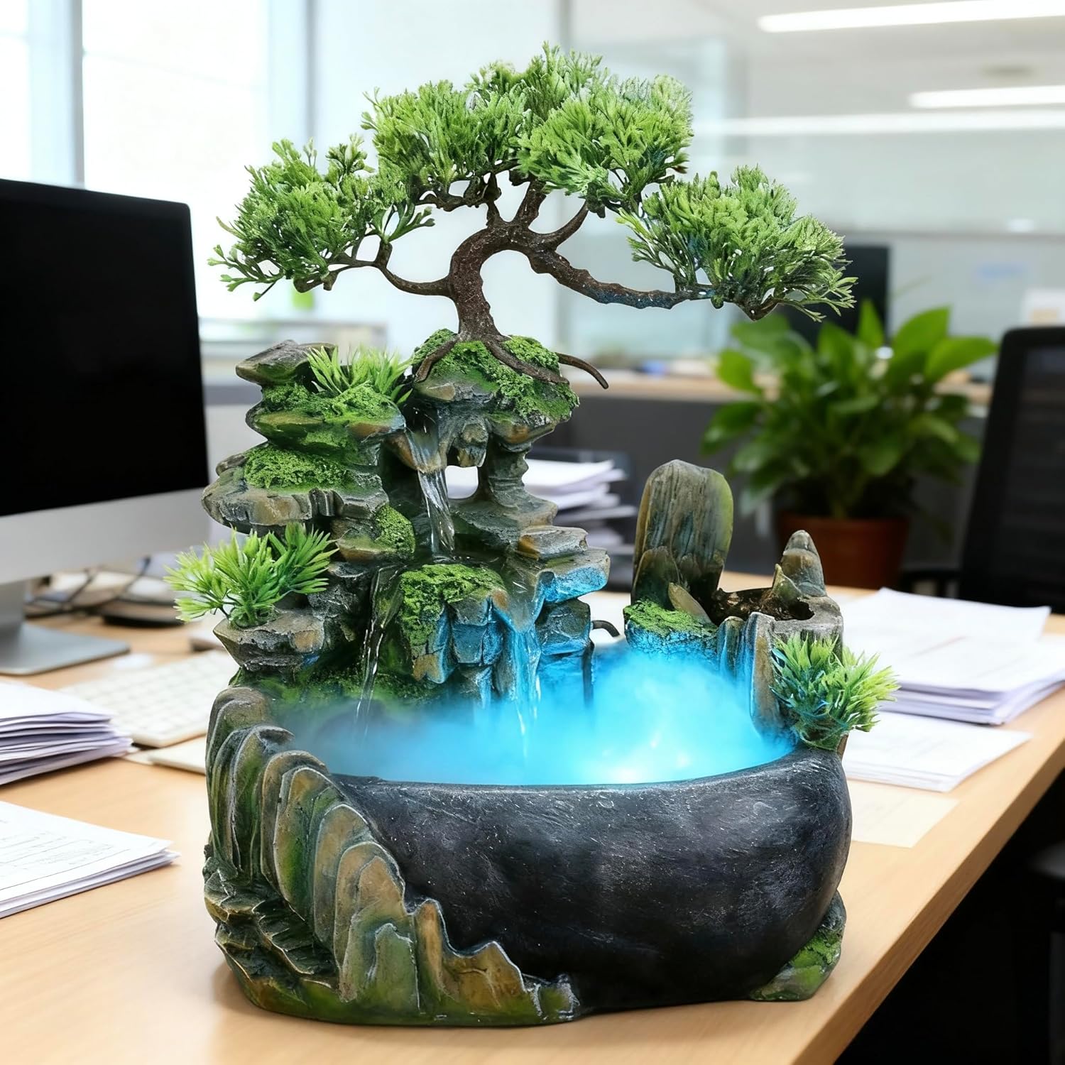 Tabletop Rockery Fountain Indoor Waterfall Bonsai Desktop Mini Rockery Water Fountain with Automatic Pump and LED Light, Home Office Bedroom Humidifier Desk Decorate (Style 1)