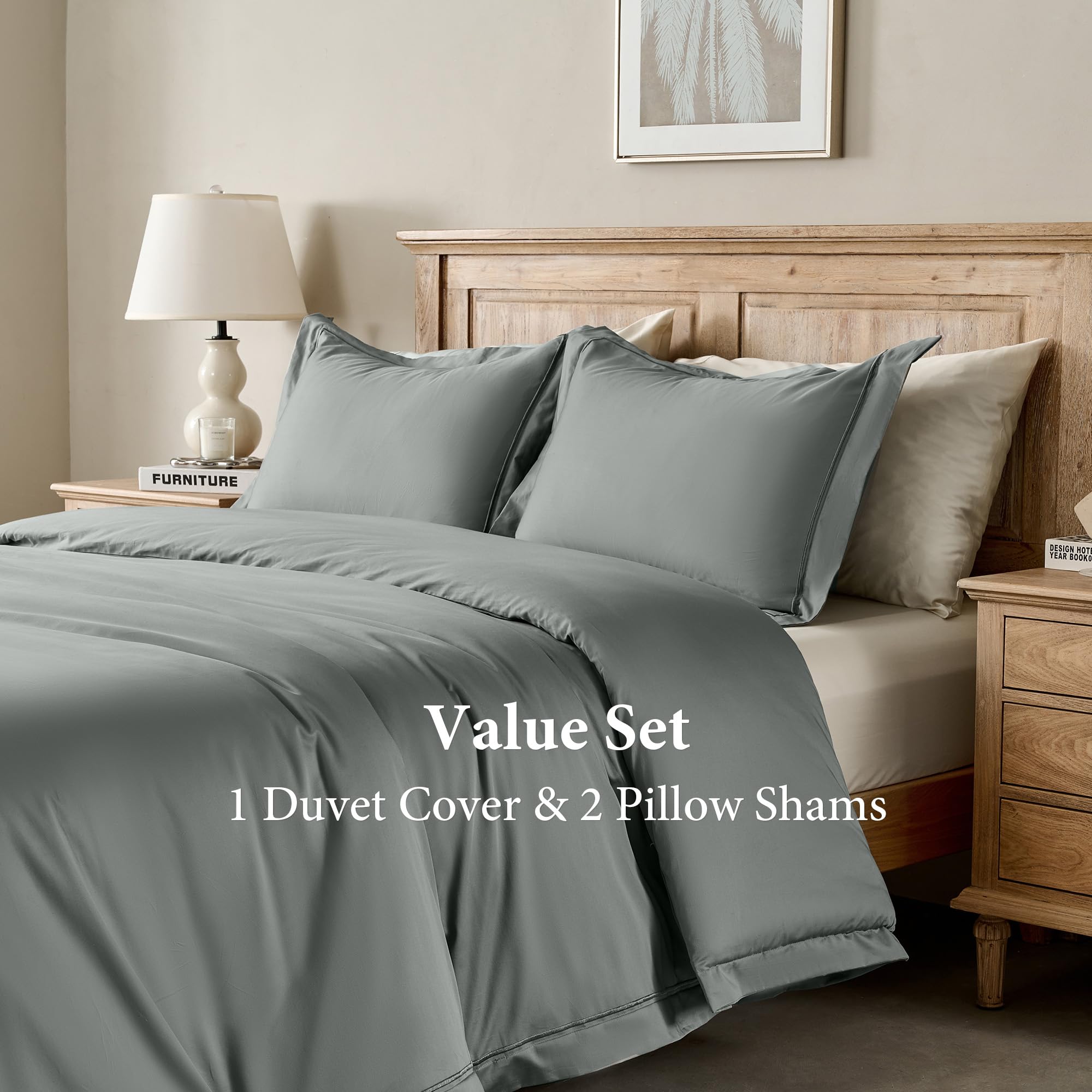 Simple&Opulence 100% Egyptian Cotton Duvet Cover Set 400 Thread Count Embroidery Design Long Staple Pure Soft Sateen Weave Bedding Set - Grey, King Size