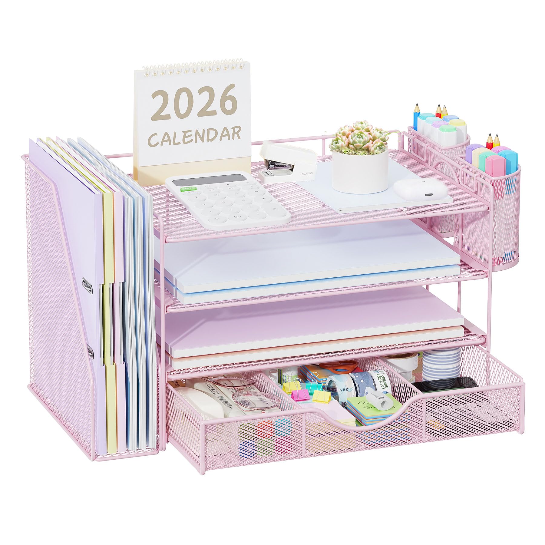 Quhombo Desk Organiser with File Holder,4-Tier Desk Organisers and Accessories with 2 Pen Holders and Drawer,Paper Letter Tray Storage with Magazine Holder for Home Office Supplies(pink)