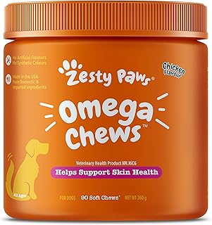 Zesty Paws Omega Soft Chews for Dogs - Helps Support Skin Health - Fish Oil with Omega 3 for Skin Health - Vitamin C & Vitamin E Antioxidants -Chicken Flavour - 90 Count