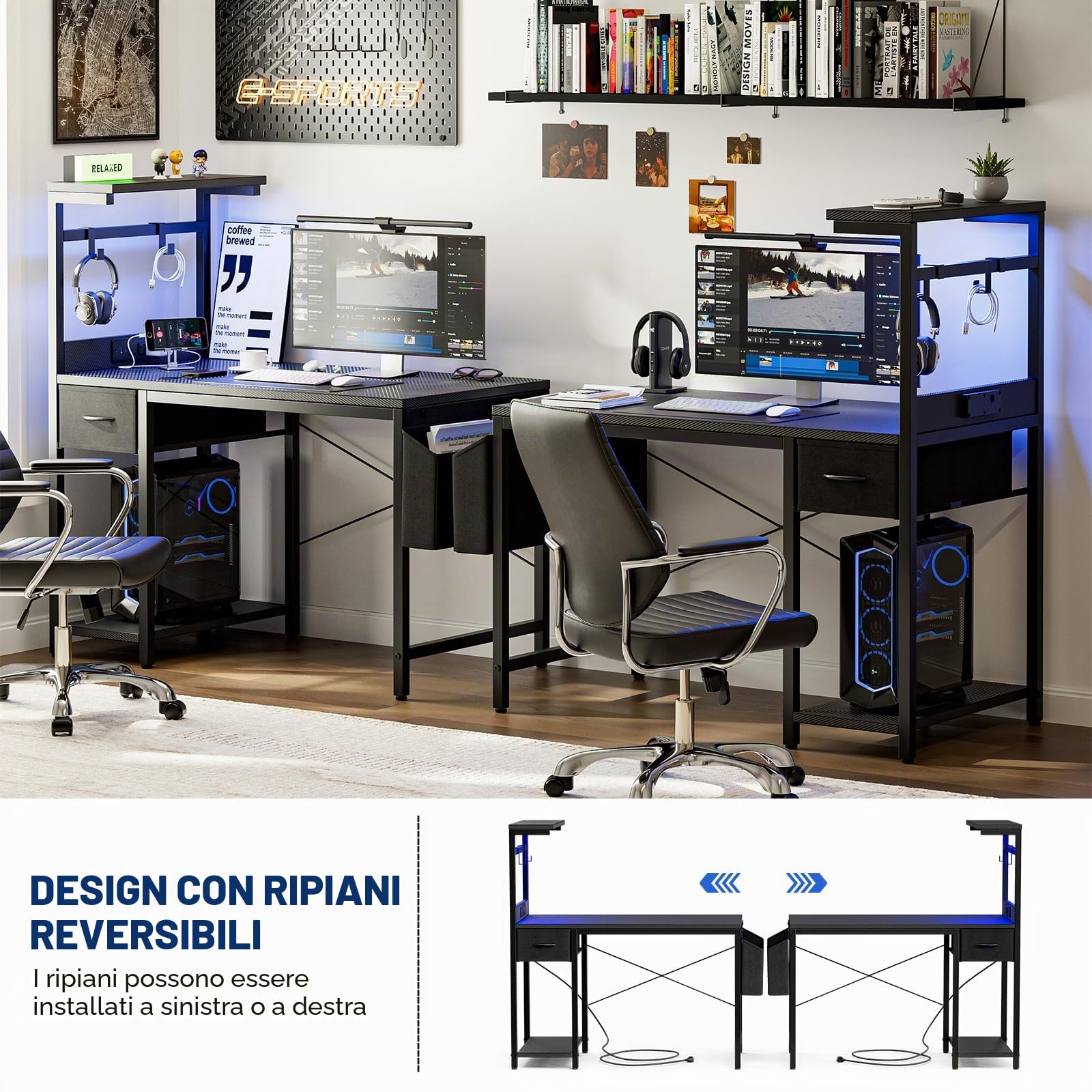 Grandder Scrivania Gaming 100x50cm con Presa di Corrente e Luci LED, Tavolo per PC Compatto con Ripiani Reversibili e Cassetto, Scrivania per Ufficio e Casa con Borsa Portaoggetti, Nero