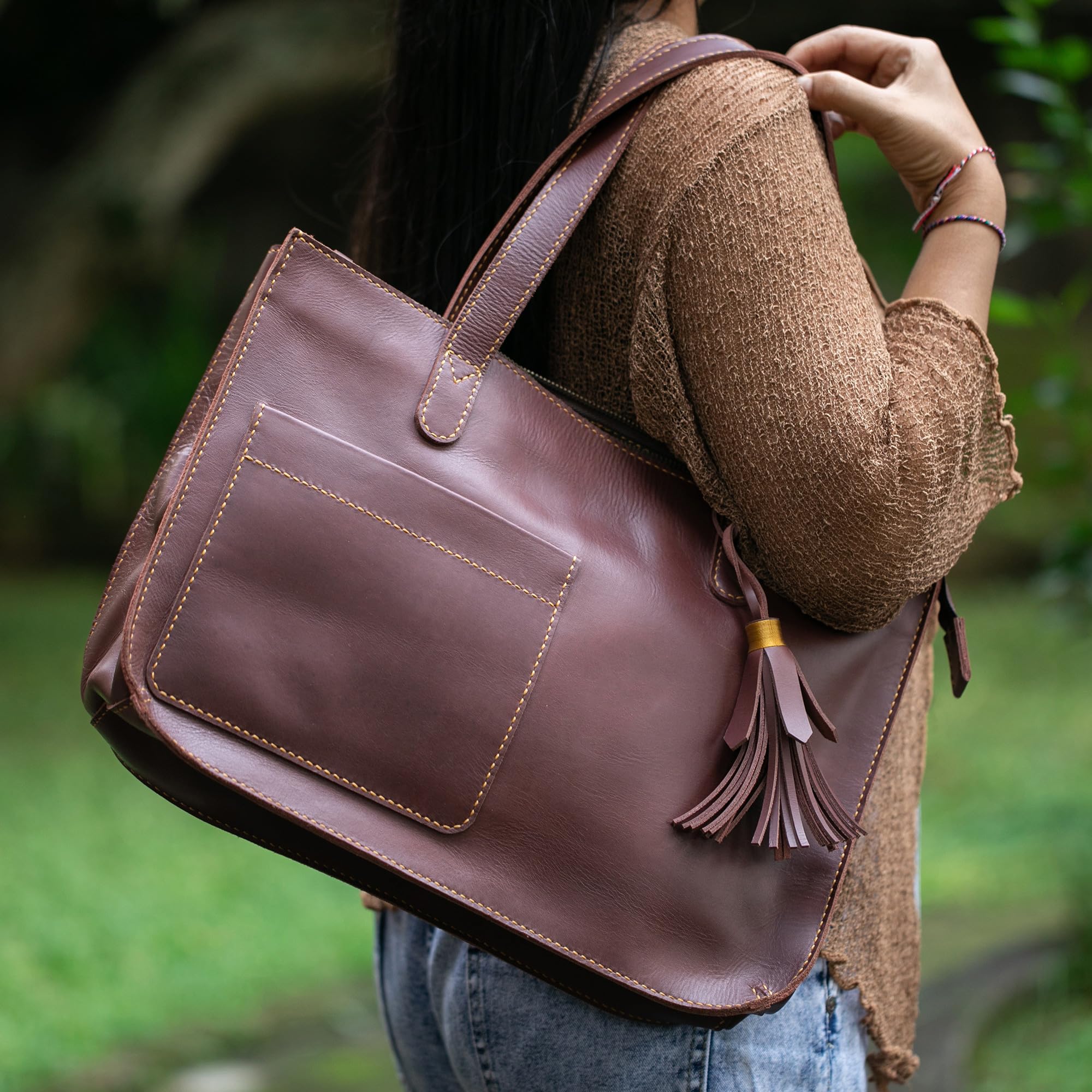 NOVICA Artisan Handmade Leather Tote Bag Dark Brown Shoulder Handbags Solid Indonesia ' City Lines'