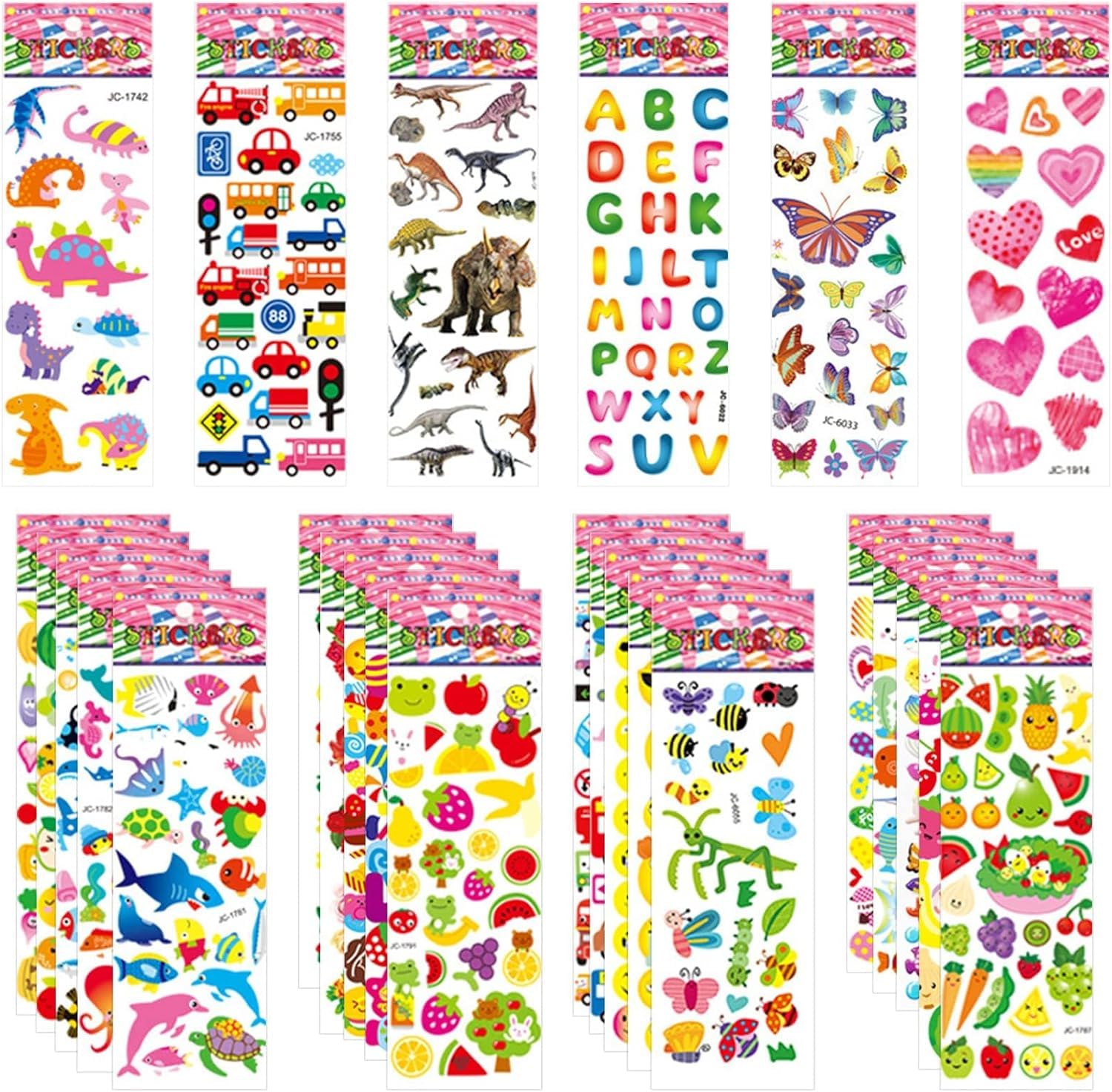 Mumoo Bear 50 Sheets Puffy Stickers for Kids, 1000+ Children 3D Stickers Party Bag Filler for Party Rewarding Gifts Scrapbooking Including Animals Letter Fish Dinosaurs Numbers Fruits Trucks Airplane