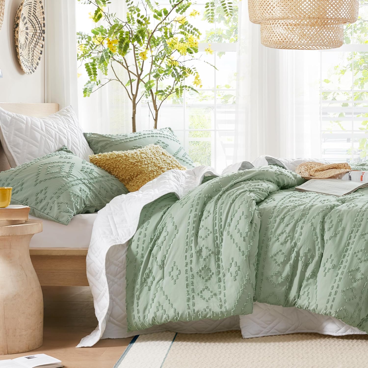 Comfort Spaces Comforter for Queen Size Bed, Geometric Diamond Tufted Boho Comforter Set Queen, All Season Lightweight Bedding Set, Matching Sham, Full/Queen Sage Green 3 Piece - Image 6