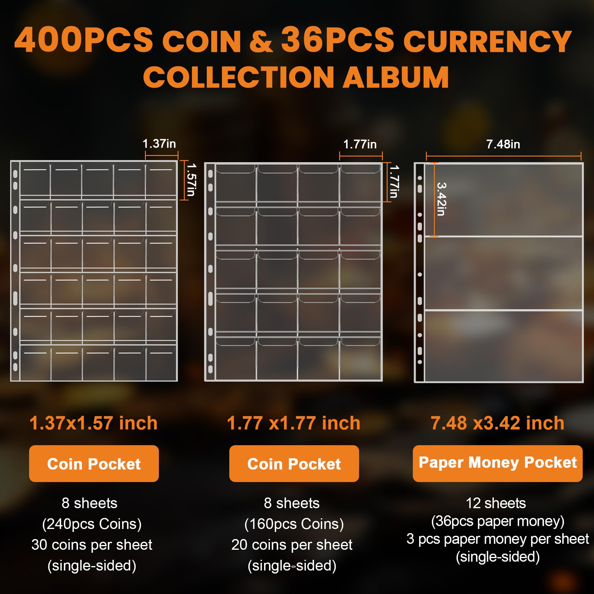 Coin Binder for Collectors with Handle, Fireproof 400 Pockets Coin Collection Album & 36 Paper Currency Book Sleeves, Coin and Bill Organizer Holder Supplies for Quarters, Pennies, 12.8x10.2x1.8inch