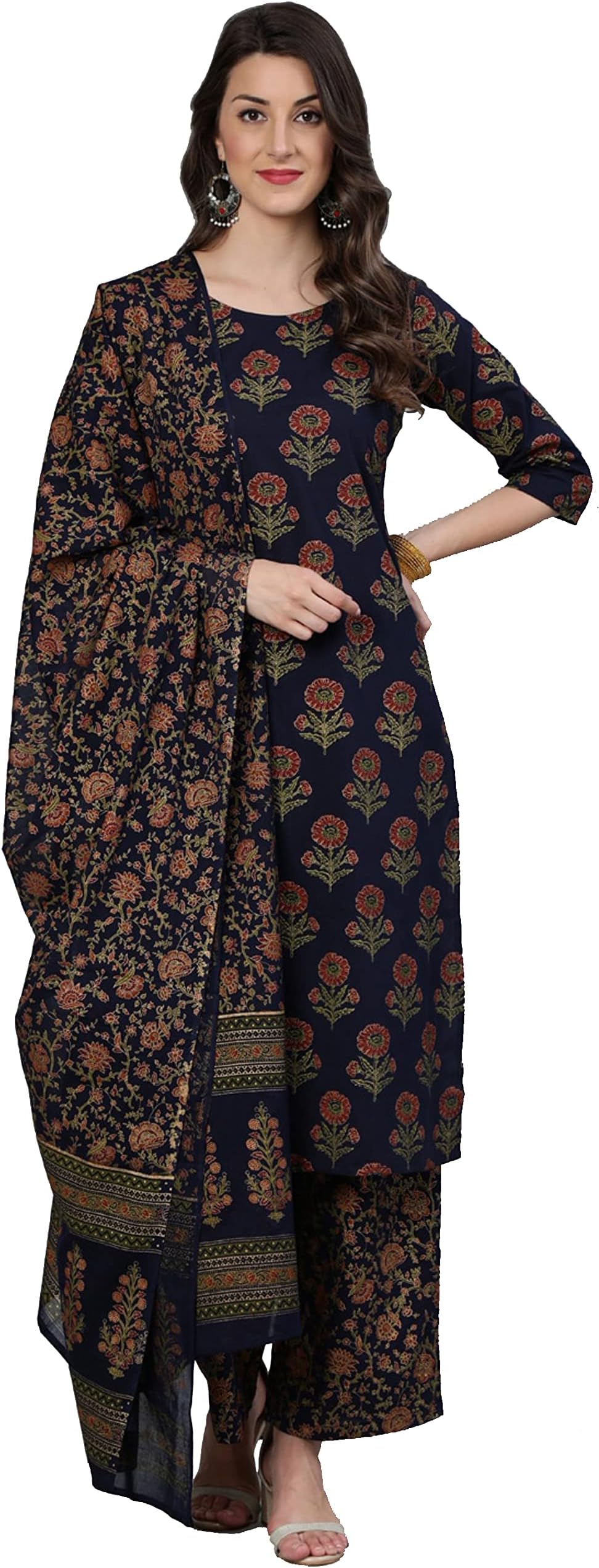 AraynaWomen's Blue Floral Printed Cotton Kurti Palazzo Pants Set with Dupatta