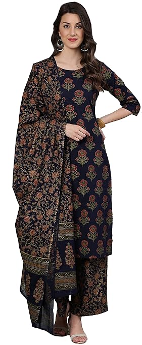 Women's Floral Printed Pure Cotton Kurti Palazzo Pants Set with Dupatta