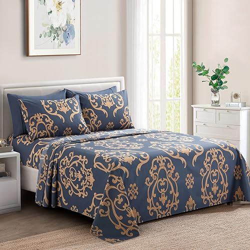 Marina Decoration Juego de sábanas de 6 piezas ultra suave y sedosa con bolsillo profundo con estampado rico de rayón derivado del bambú para todas