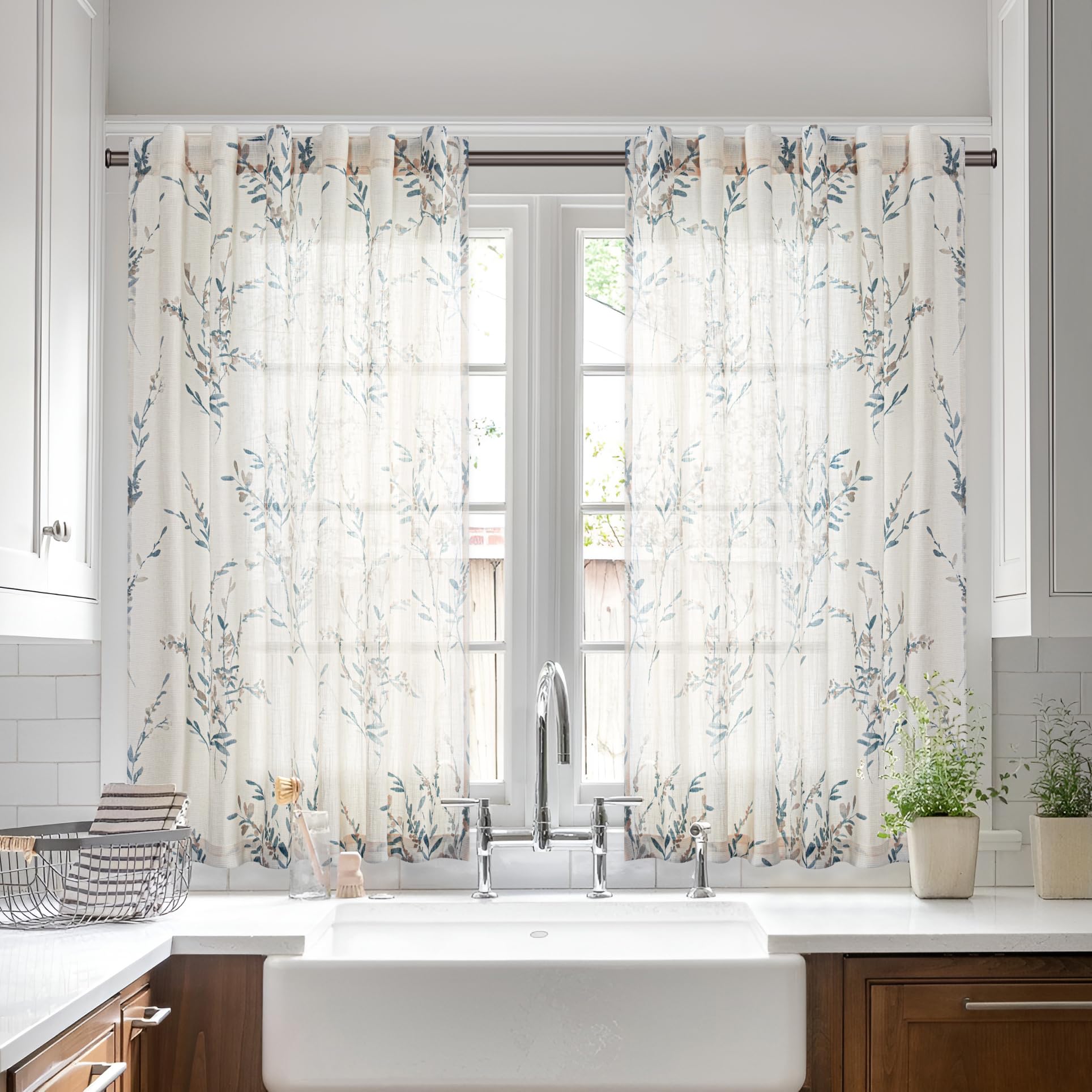 MYSKY HOME Sheer Linen Curtains 45 Inch Long Light Filtering 2 Panels