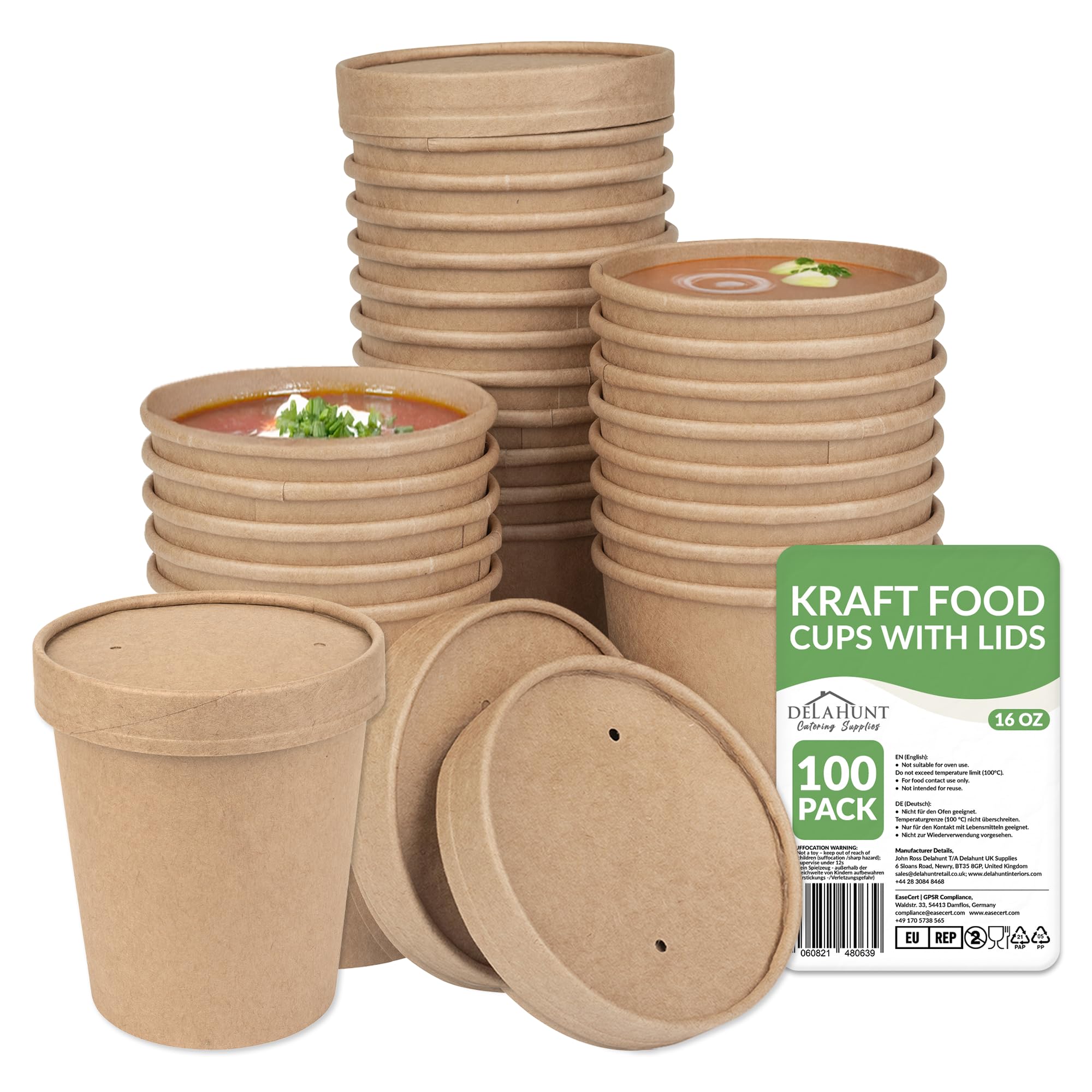 16oz (470ml) Kraft Soup Containers with Lids [100 Pack] - Leakproof Disposable Food Pots | Compostable Freezer & Microwave Safe Takeaway Containers, Soup Cups, Ice Cream Tubs for Hot Food & Desserts