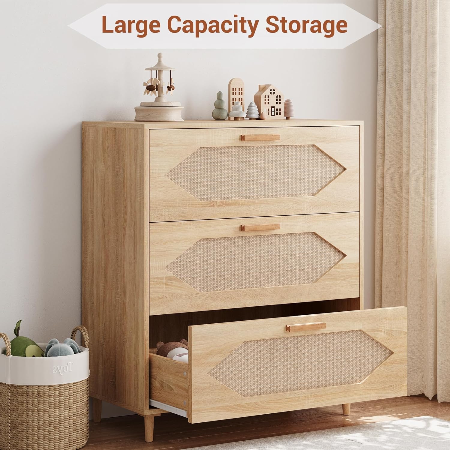 Dressers for Bedroom, 3 Drawer Rattan Dresser with Spacious Storage, Modern Wood Chest of Drawers, Rustic Oak Wooden Nightstand for Bedroom, Living Room, Hallway, Easy Assembly, Closet Organi