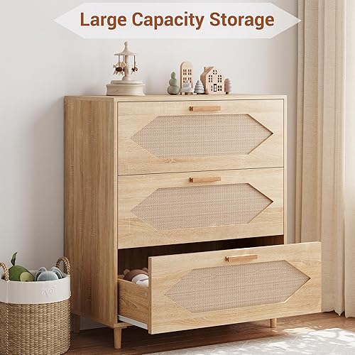 Miniatura 7 de Cómodas para dormitorio, cómoda de ratán de 3 cajones con almacenamiento espacioso, cómoda de madera moderna, mesita de noche de madera de roble