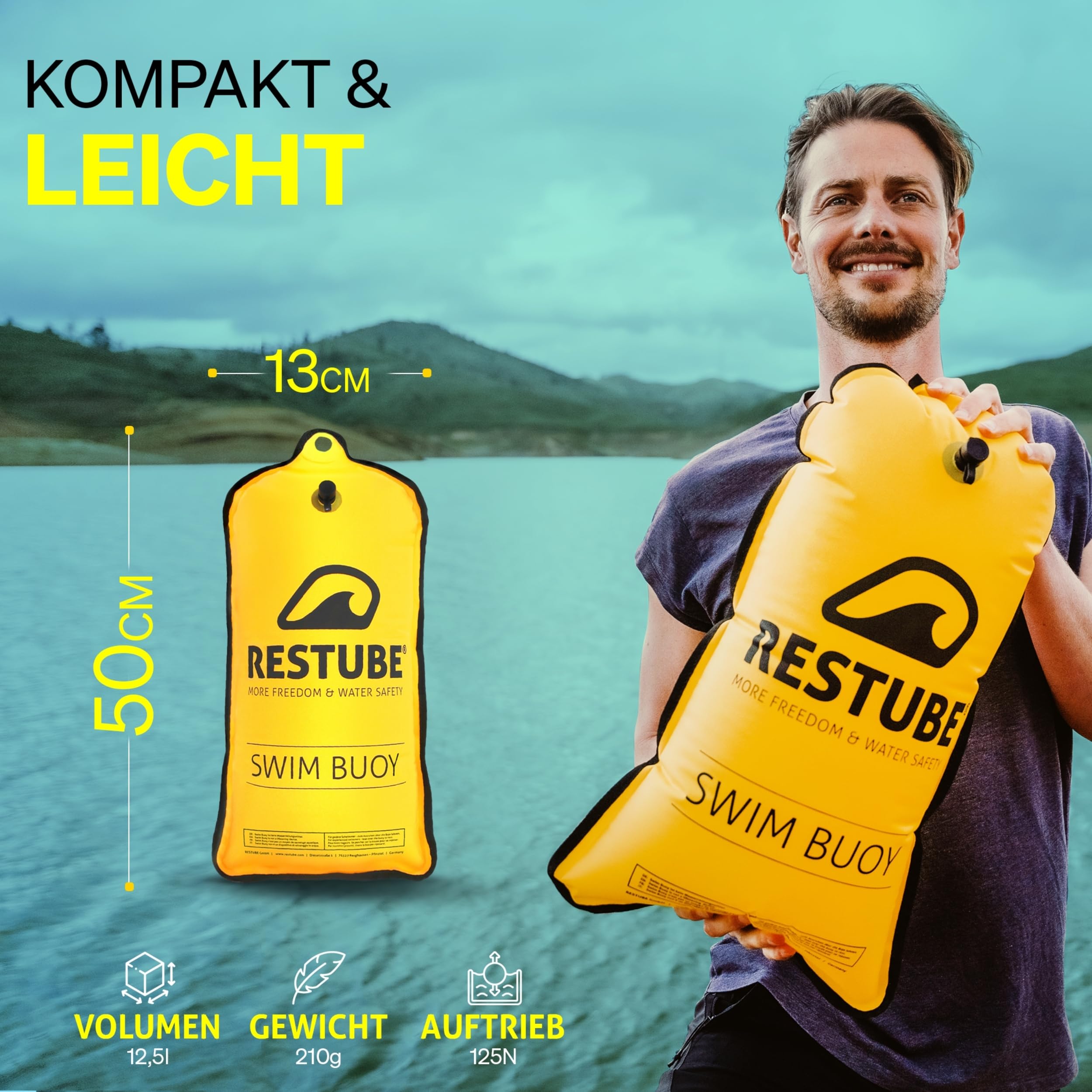 Restube Schwimmboje - Aufblasbare Schwimmhilfe für Schwimmen, Schnorcheln, Triathlon, SUP, Freiwasserschwimmen und Wildschwimmen - Kompakte gut sichtbare Boje Swimming Buoy für Kinder und Erwachsene