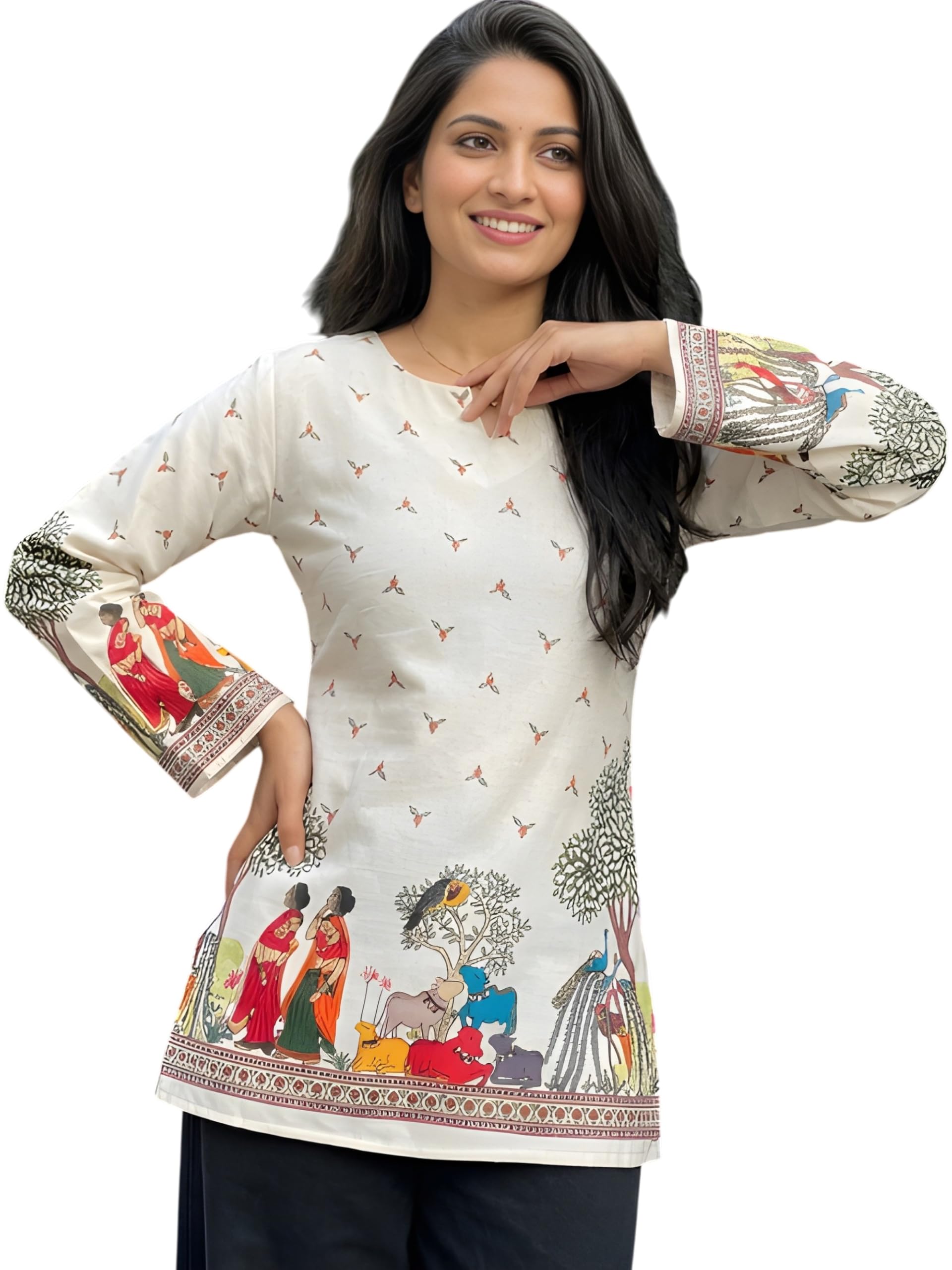 esomic Women's Floral Printed A-Line Tunic | V Neck | Long Sleeve | Relaxed Fit | Casual Everyday Wear Top-picture-49