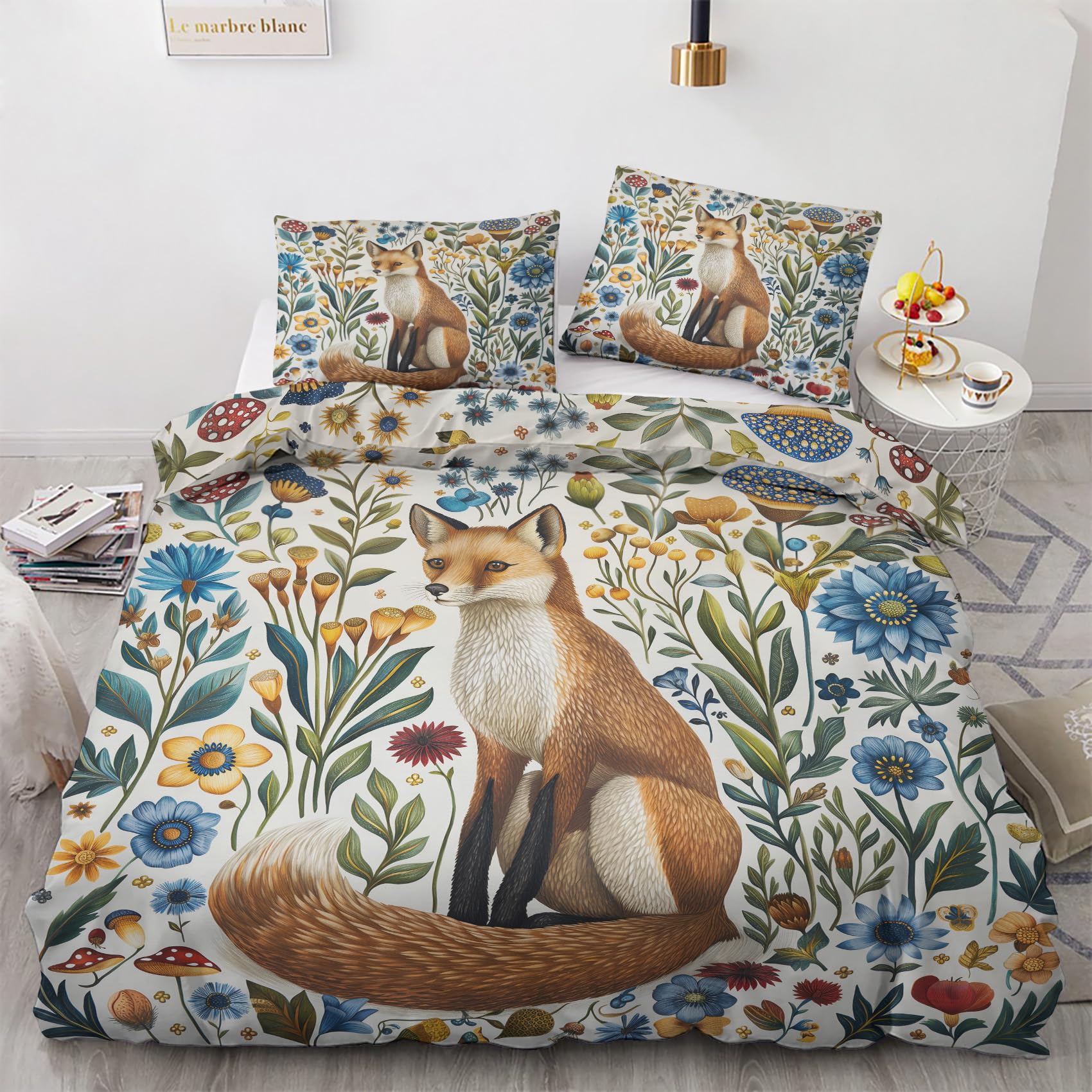 Fox Bedding King Size, Woodland Animal Botanical Duvet Cover, Soft Breathable Microfiber Quilt Cover 230x220 cm and 2 Pillowcases 50x75 cm, Reversible Bed Set with Zipper N&10