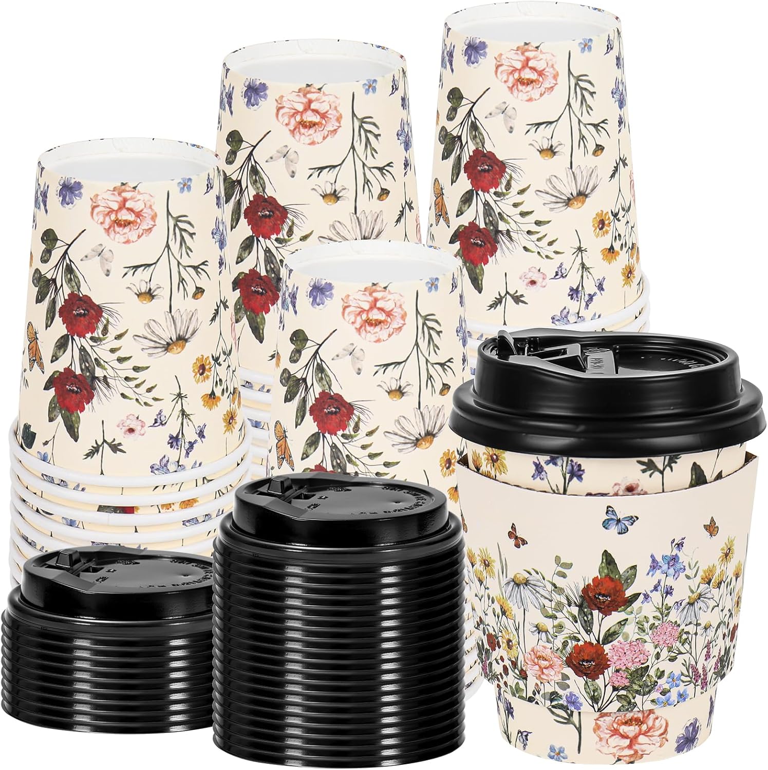 JarThenaAMCS 50 Sets Vintage Floral Coffee Cups with Lids and Sleeves 8oz Wildflower Paper Cups Flower Disposable To Go Coffee Cup for Cafes Shops Cappuccino Chocolate Beverage