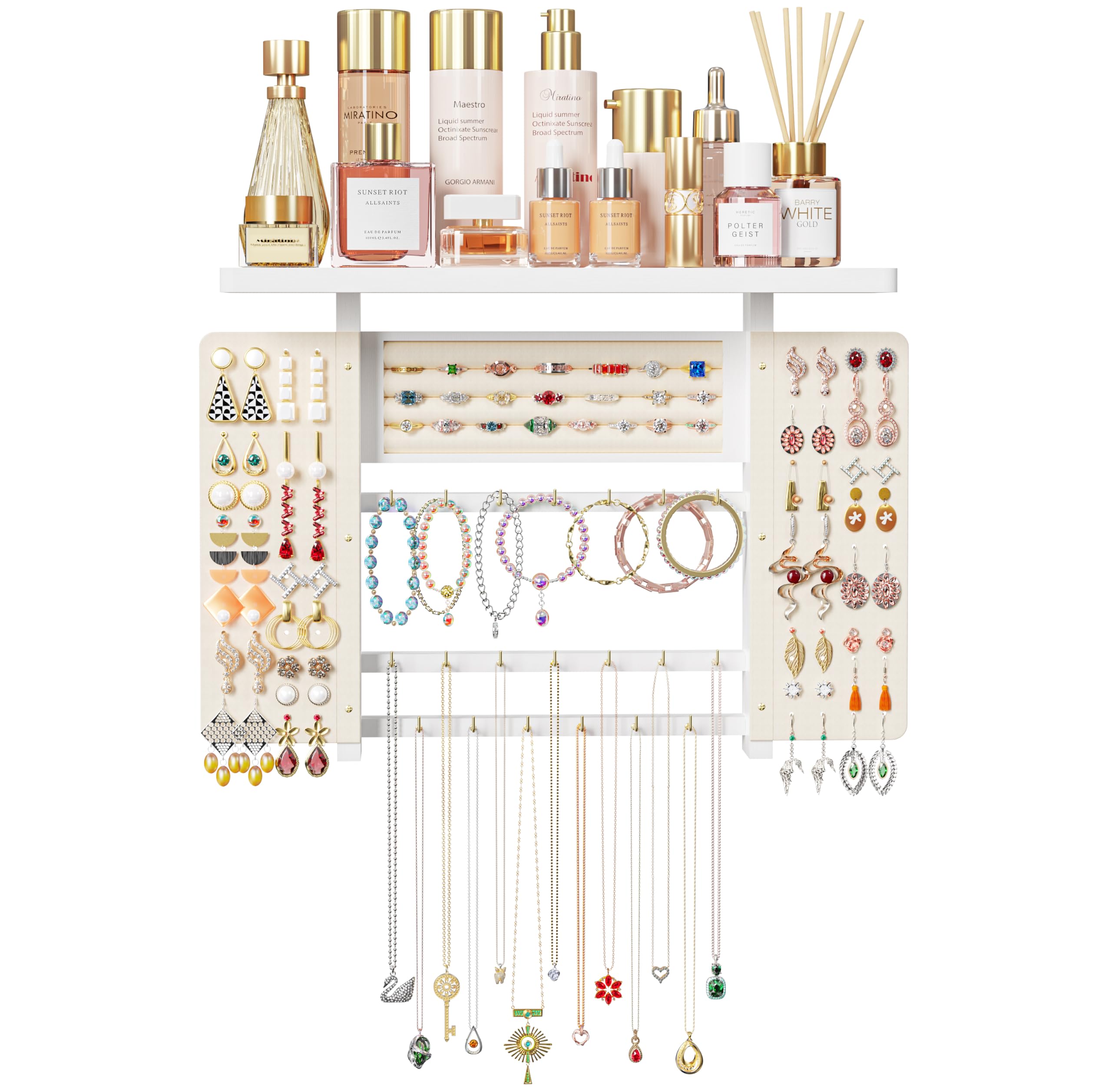 Hängender Schmuck Organizer, Wand Schmuck Organizer mit Holz Regal, Große Kapazität Schmuckständer Aufbewahrung & Display für Halsketten Armband Ohrringe Ring (Weiß)