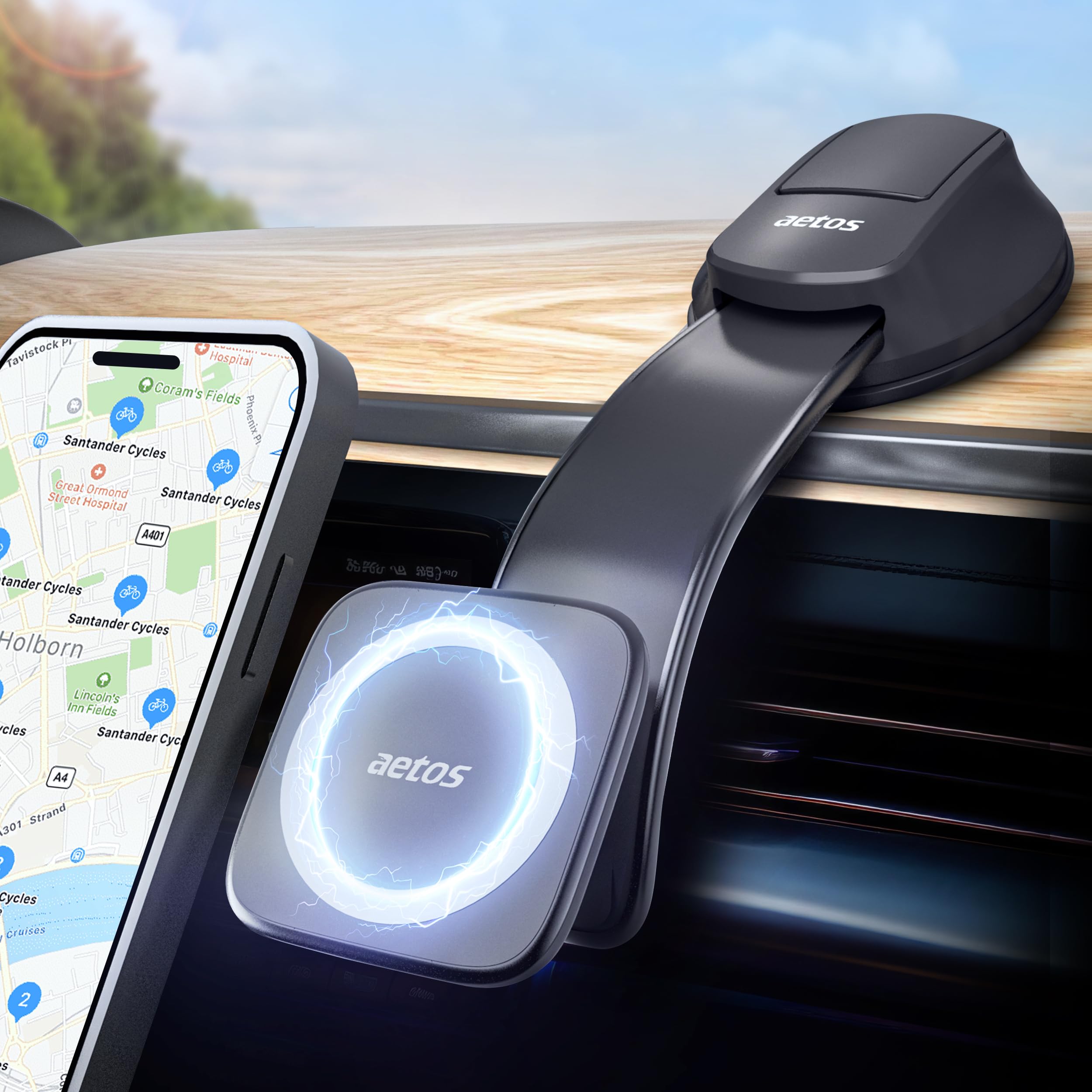 aetos for iPhone MagSafe Car Mount Magnetic Phone Holder with Adhesive Suction Base, Fits iPhone 15/14/13/12 Pro/Plus/Max and Android Phones with Ring Adaptor, Ideal for Dashboard and Windshield