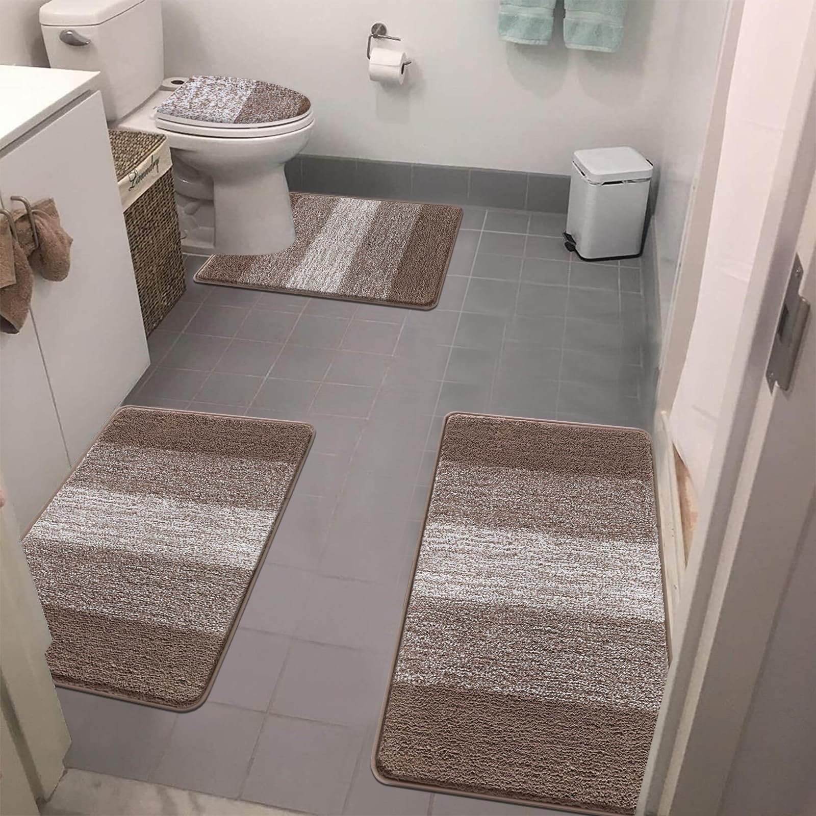 Bsmathom Bathroom Rugs Sets 4 Piece with Toilet Cover, Plush Shaggy Bathroom Rugs Non Slip Absorbent, Machine Washable Bathroom Rugs with U-Shaped Contour Toilet Mat for Bathtub, Toilet, Coffee