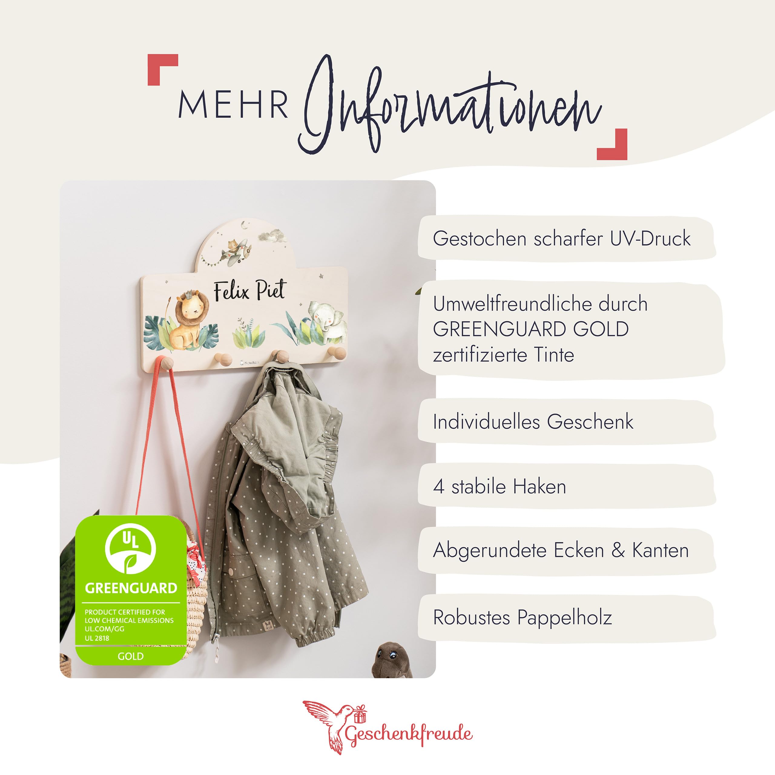 Geschenkfreude Personalsierte Kindergarderobe mit Namen aus Holz - Kinder Garderoben Löwe einzigartige Kinderzimmer Deko - individuelle Wandgarderobe - Baby Garderobe - Kleiderhaken