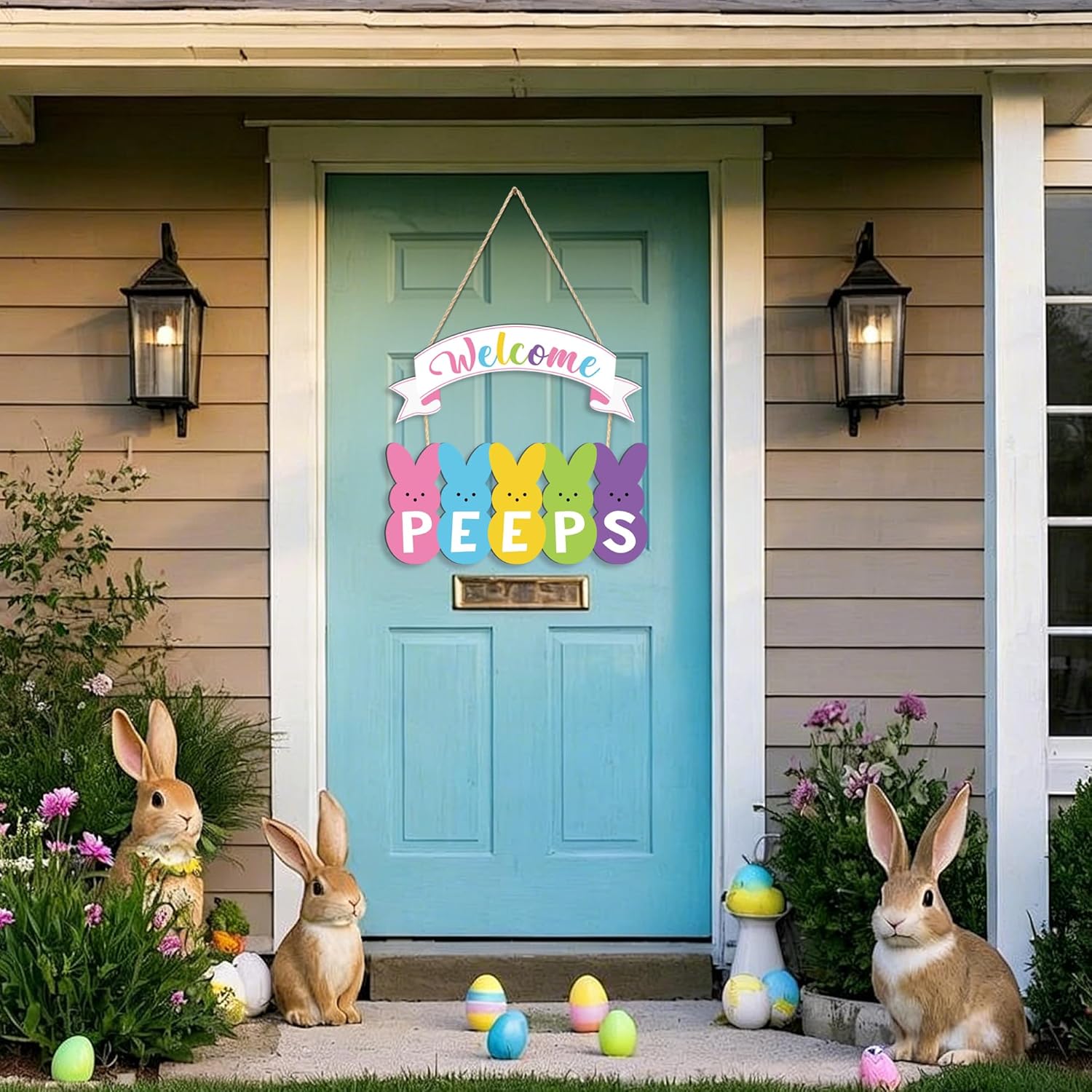 Easter Wooden Door Wreath for Front Door Sign Welcome Peeps Wood Hanging Sign Decorations Cute Bunny Rabbit Welcome Doors Hanger for Spring Easter Home Farmhouse Party Indoor Outdoor Porch Wall Decor - Image 3