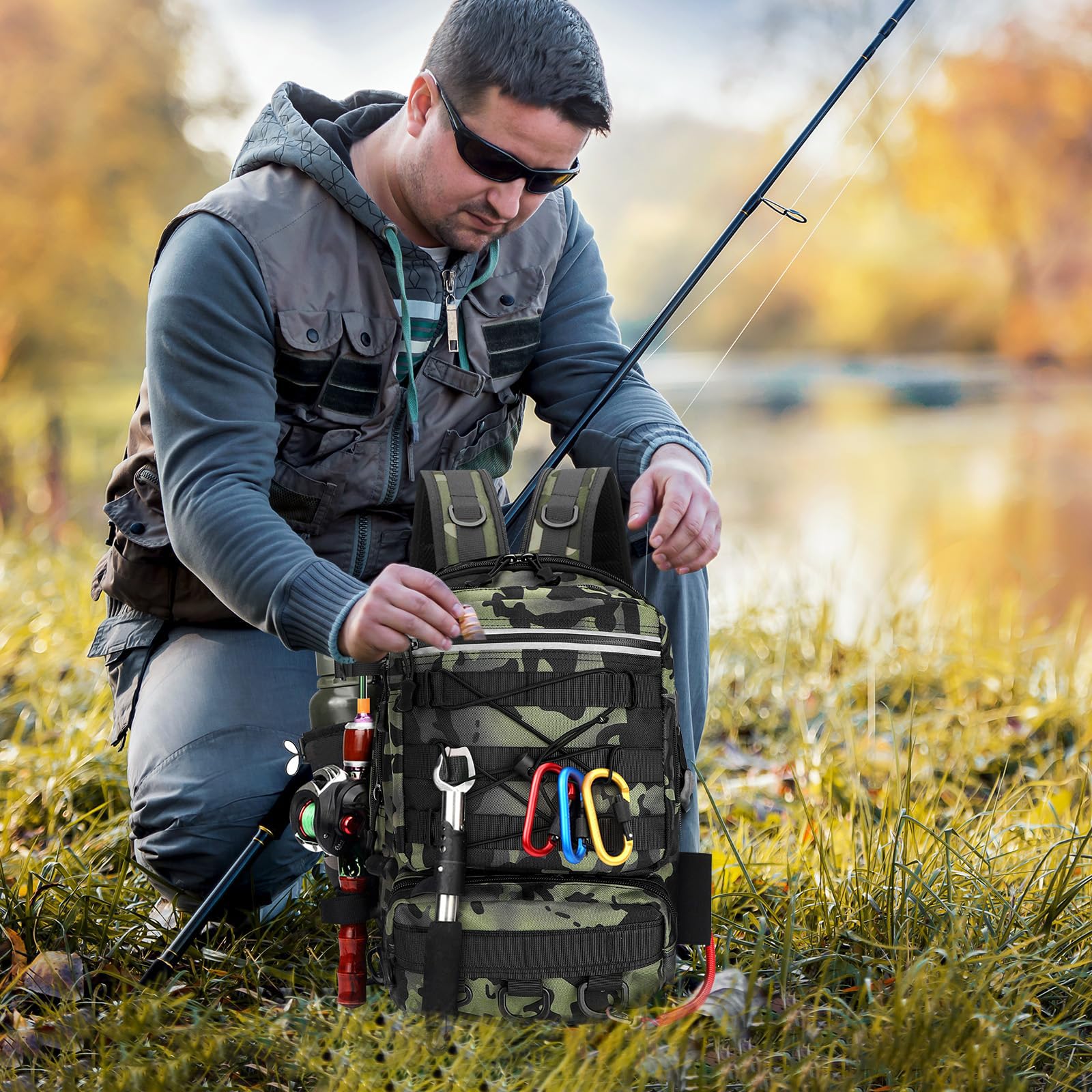 Mochila de Pesca, Bolsa de Pesca Mochila para Aparejos de Pesca con Soporte para caña Bolsas Almacenamiento Aparejos Impermeables Bolsa para Pesca Senderismo Caza Camping Deporte al Aire libr
