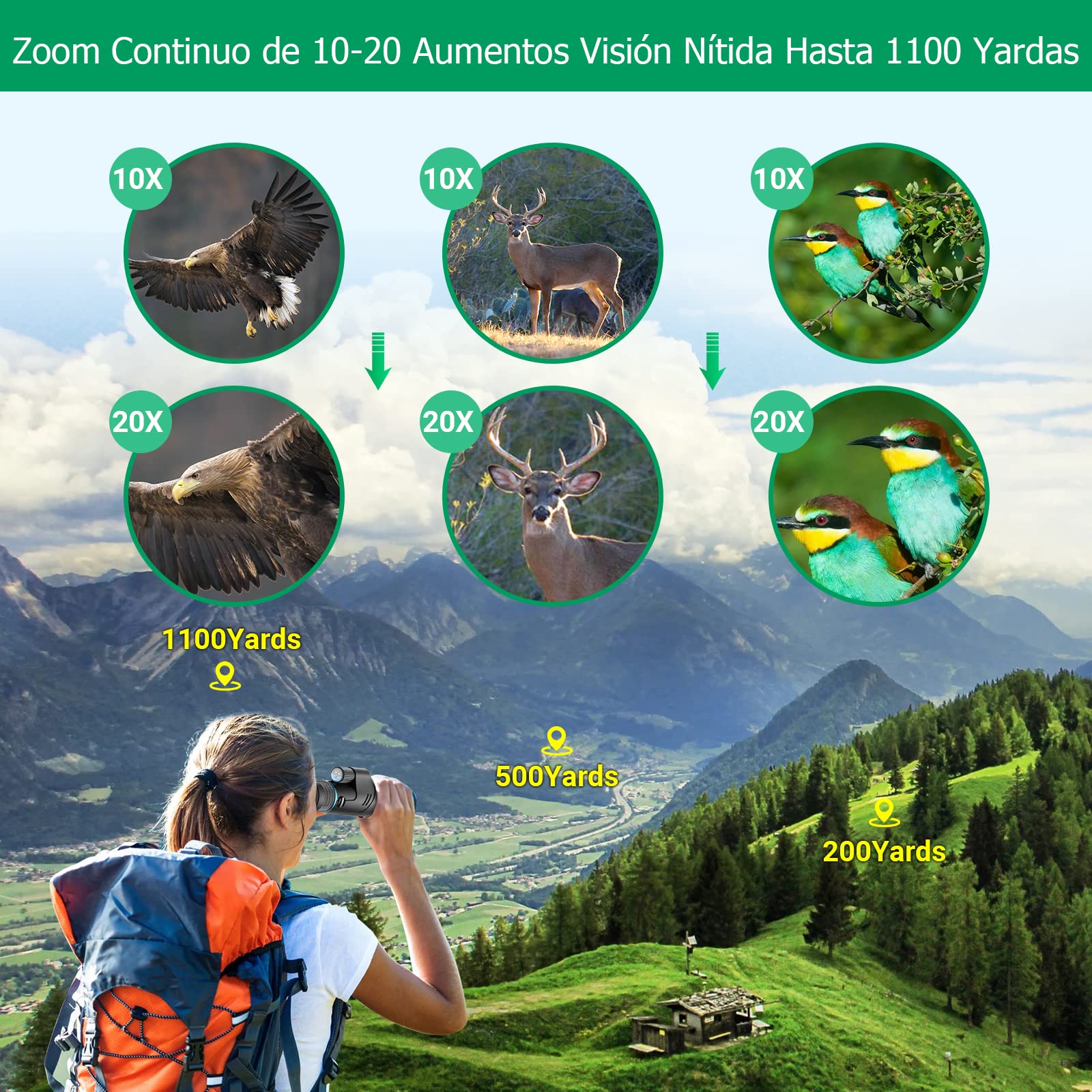 APEXEL 10-20X50 Zoom óptico Telescopio Monocular,HD Monocular Resistente al Agua con Prismas BAK4 y Revestimiento FMC para la Observación de Aves, Camping, Viajes, Senderismo y Escalada