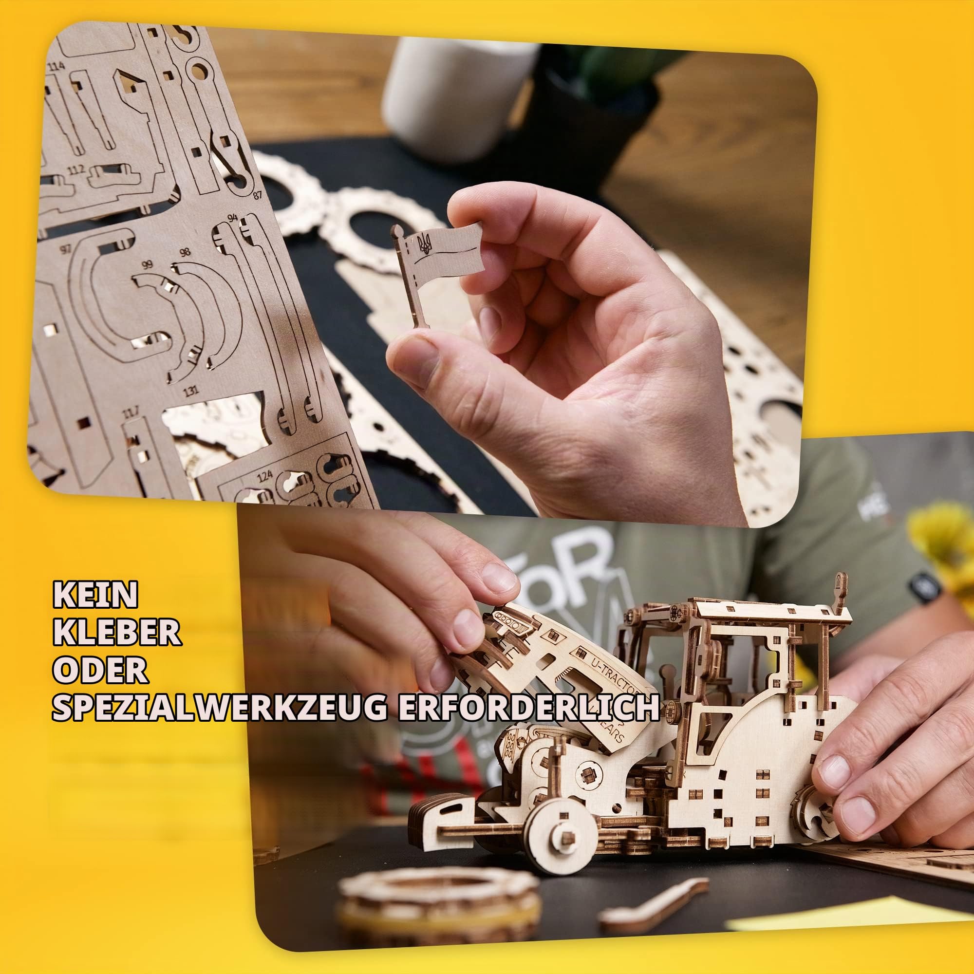 UGEARS Der Traktor Siegt Modellbau Holz - Mächtiger Federbetriebener 3D Puzzle mit Faltbarem Papiertank - Holzpuzzle Erwachsene und Kinder - Modellbausatz Holzbausatz zum Bauen, Tractor Wins