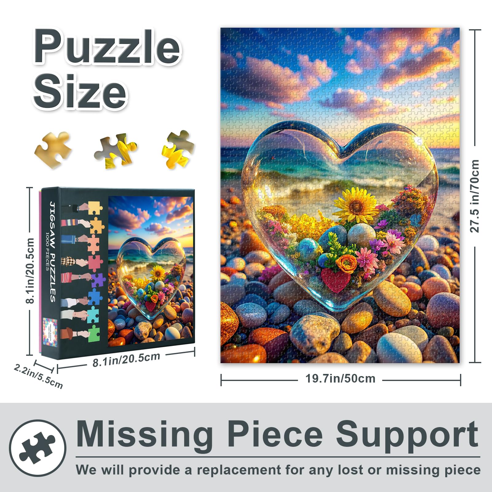 Flowers Jigsaw Puzzles, Heart Shaped Glass Puzzle for Adults 1000 Pieces - Image 3