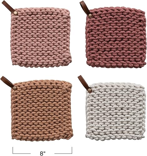 Miniatura 5 de Creative Co-Op Mango cuadrado de cuero de ganchillo de algodón de color sólido de 8 pulgadas para cocinar, multicolor, juego de 4 soportes para ollas