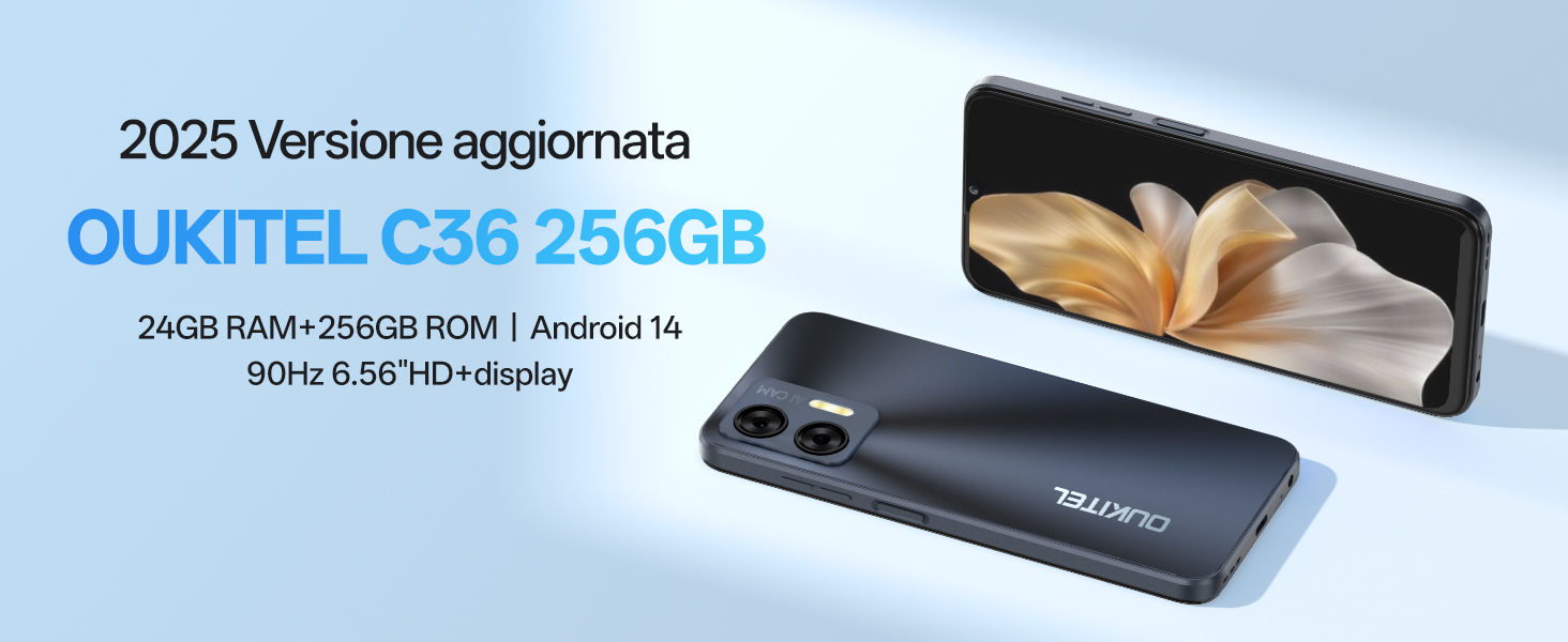 OUKITEL C36 256GB Android 14 Smartphone, 24GB+256GB/1TB