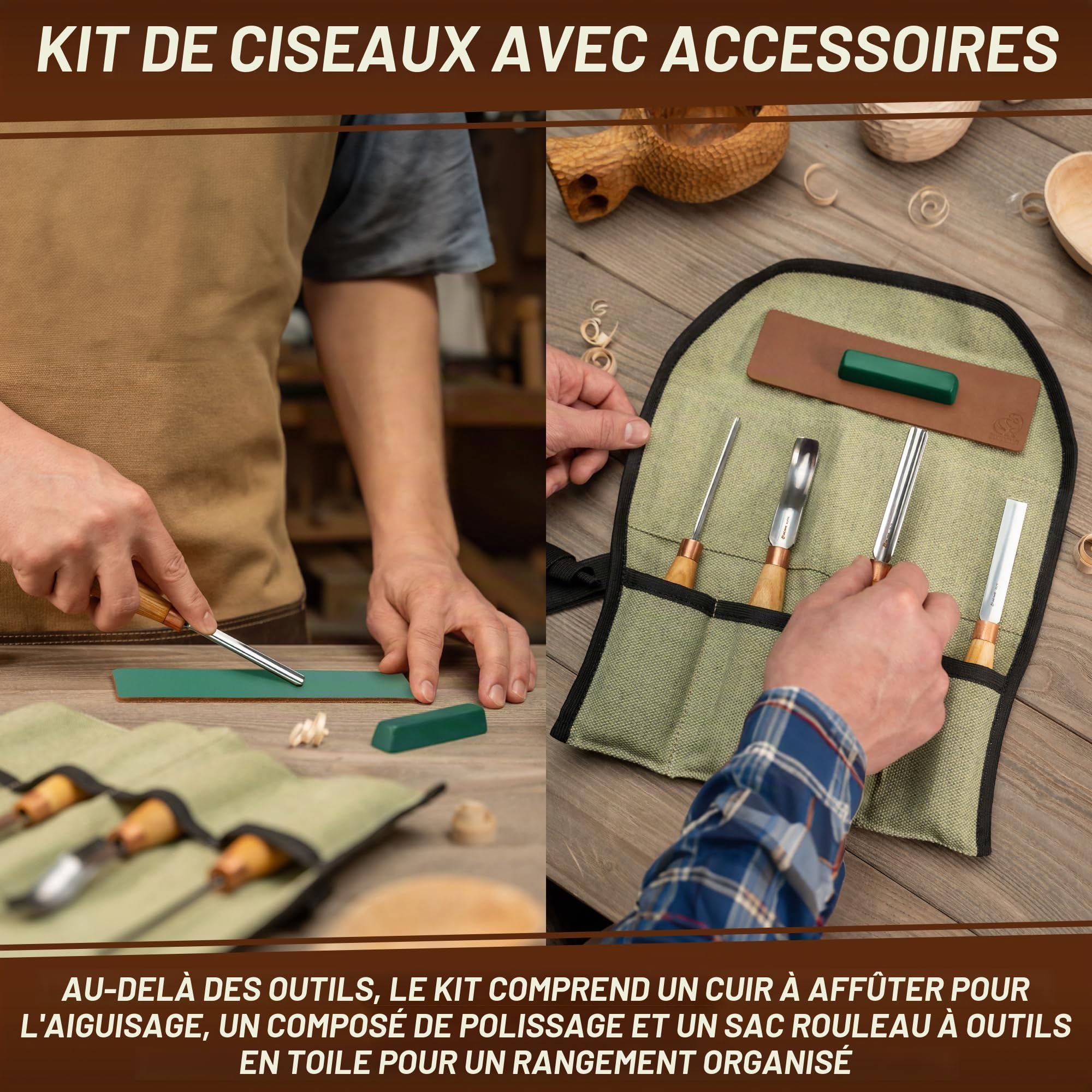 BeaverCraft Kit Gouges Sculpture Bois SC01 – Set Ciseaux Cuillère – Outils Bois avec Gouges Radiales, Ciseau Plat, Gouge Coudée, Cuir d’Affûtage & Étui Roulant