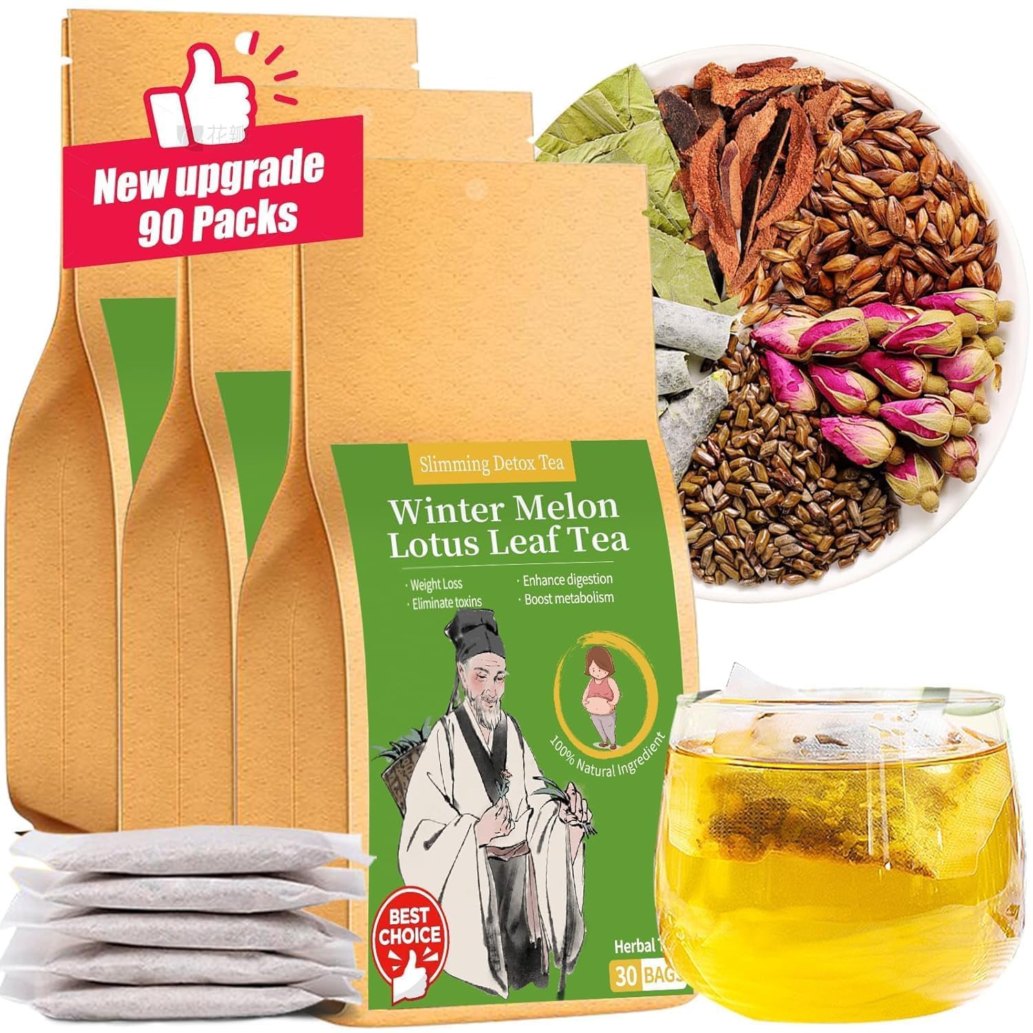 Baihuatang Winter Melon Lotus Leaf Tea 90 Bags|oil cleansing tea | Winter Melon,Orange Peel,Cassia Seed,Lotus Leaf,Red Rose,Barley 6 Ingredients Blend