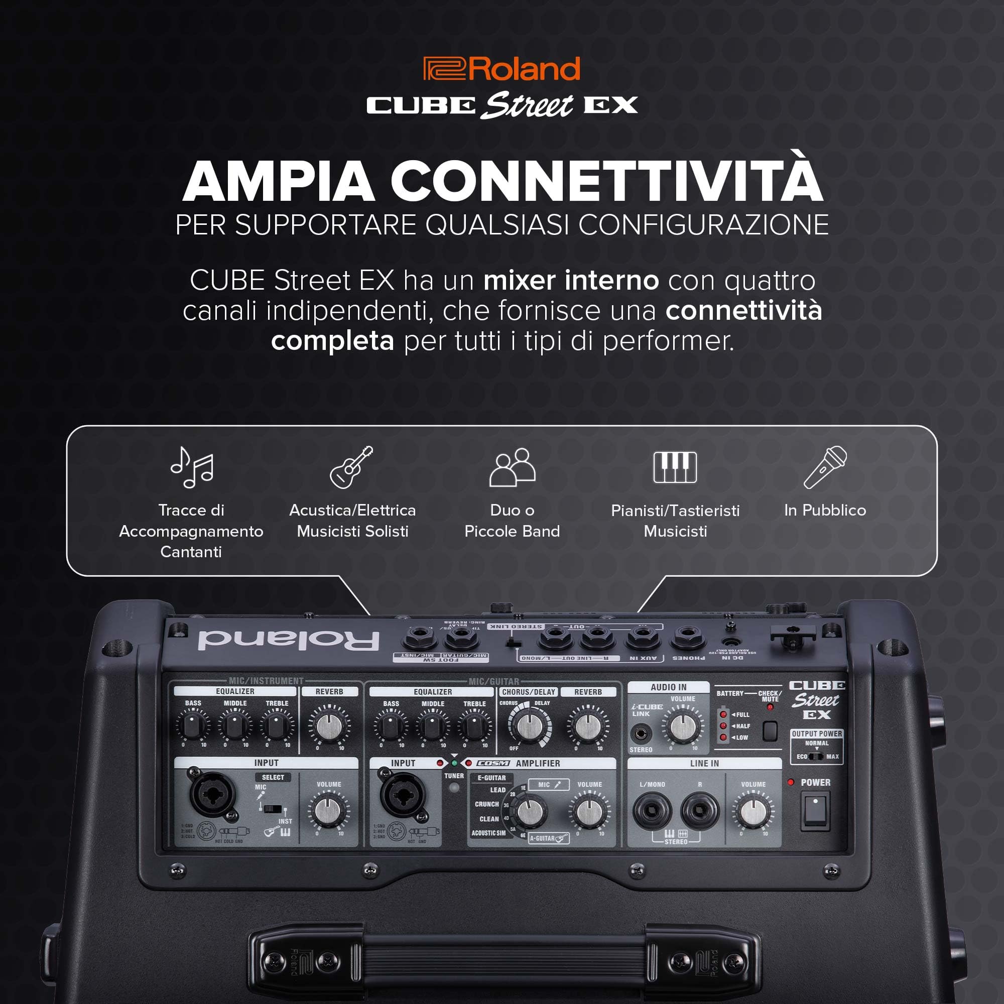 Roland CUBE Street EX | Amplificatore stereo da 50W alimentato a batteria | Suono definito e dinamico | Ideale per le performance all'aperto | Supporta microfoni, strumenti & dispositivi audio