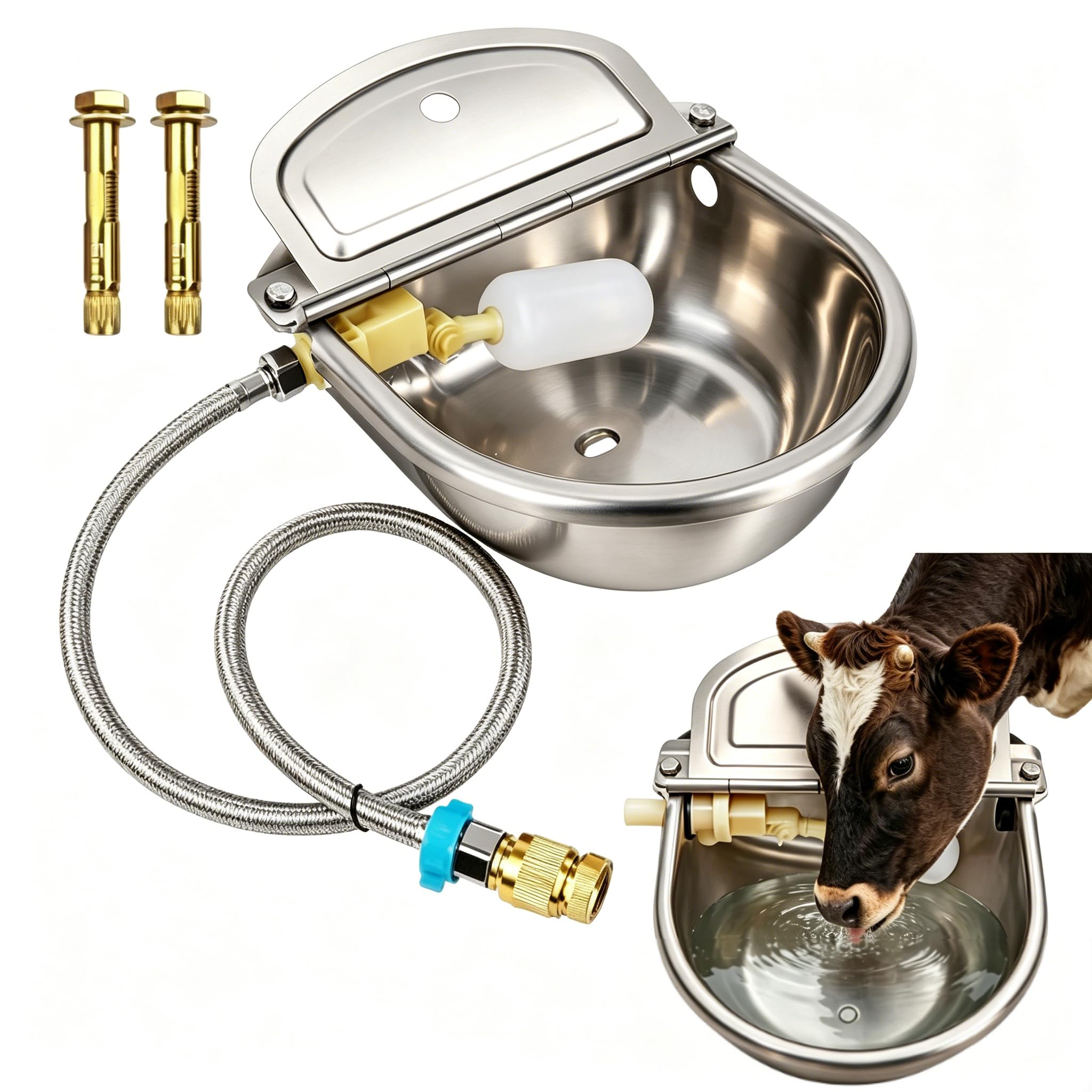 Cuenco automático de agua para ganado de acero inoxidable 304, 9.8 x 9.8 x 3.94 pulgadas, gran capacidad para vacas, caballos, cabras, bebedero flotante automático con cubierta levantable y kit