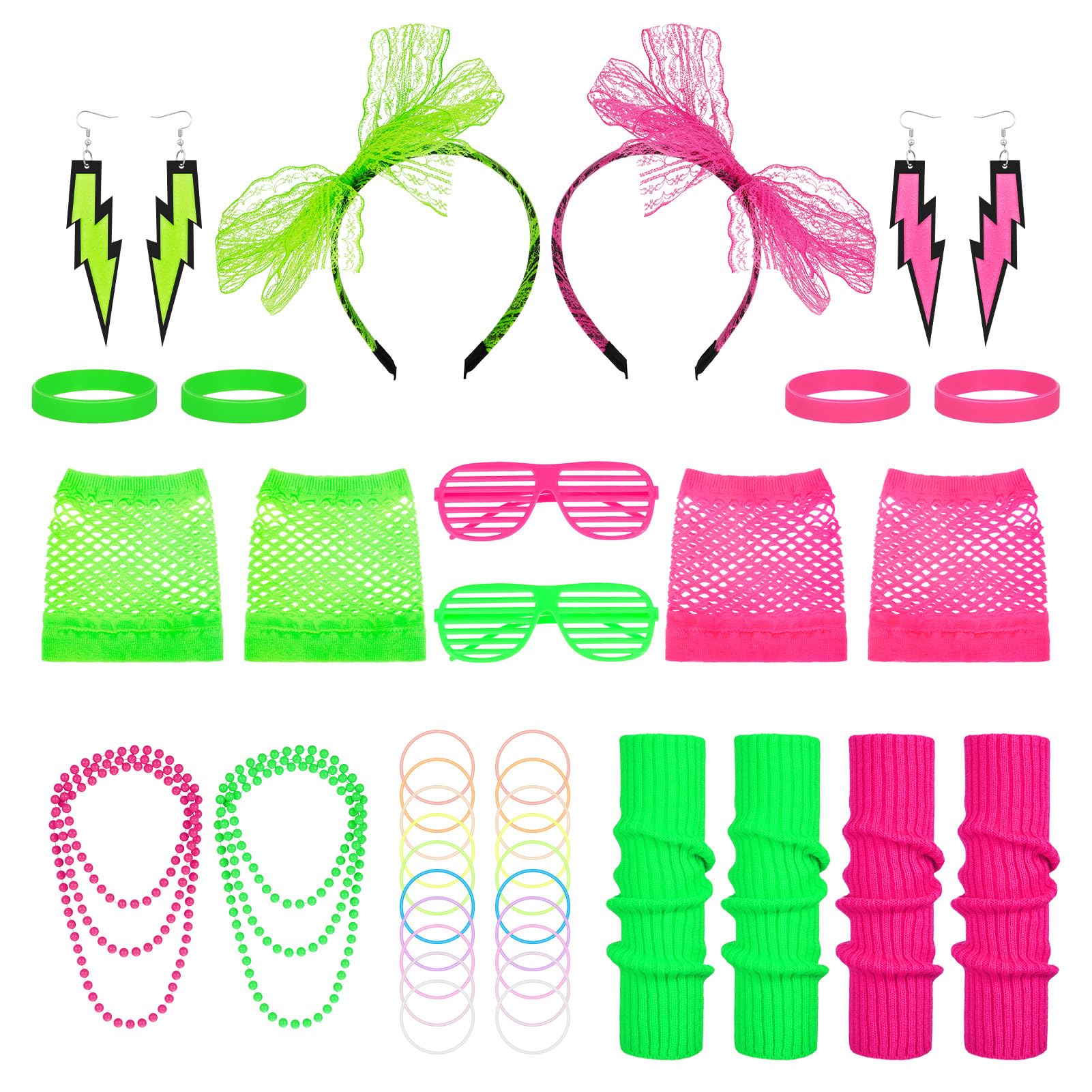 FRIUSATE 32 Pcs 80s Fancy Dress for Women, Neon Pink & Green 80s